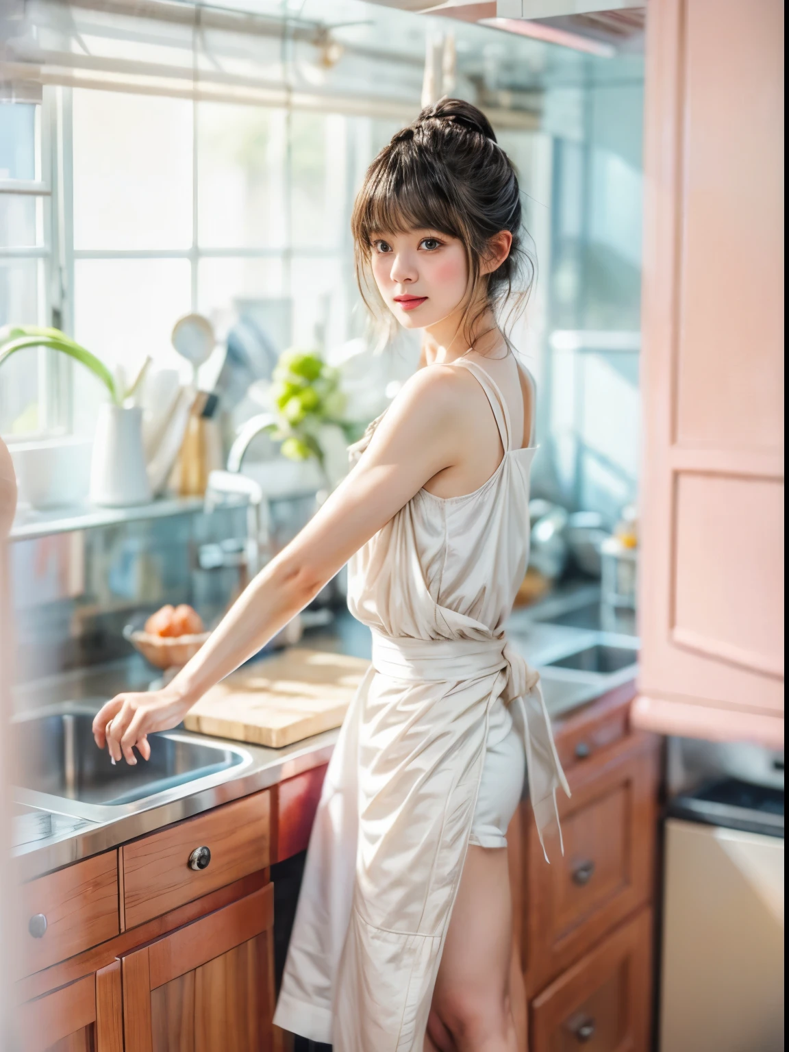 (a baby  girle, kitchen, sunny day, orange sundress, RAW, UHD, 8K, close up portrait:19.16, head, highly detailed face, stunning eyes, orange short hair, back towards camera, wet clothes, vibrant colors, warm sunlight)