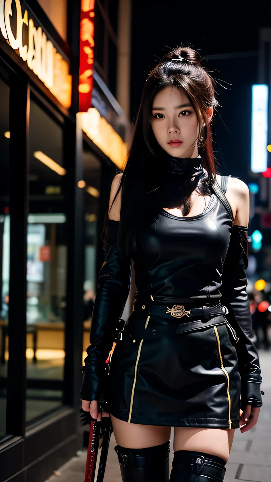 (Best Quality, 8K, Masterpiece: 1.3), (Ultra Real), (Illustration), (High Resolution), (8K), (Very Detailed), (Best Illustration), (Beautiful Detail Eyes), (Best Quality), (Ultra Detailed), (Masterpiece), (Wallpaper), (Detailed Face), Smile, Pure and Sweet, (Exaggerated Long Black Hair), Highly Detailed Face and Skin, City Roof Rooftop, 1 Girl, Tight Leather Jacket, Bondage, Female Agent, Night, Starry Sky, Moonlight, Smooth Shoulders, Sexy Collarbone, edge lighting, backlight, movies, full body photos