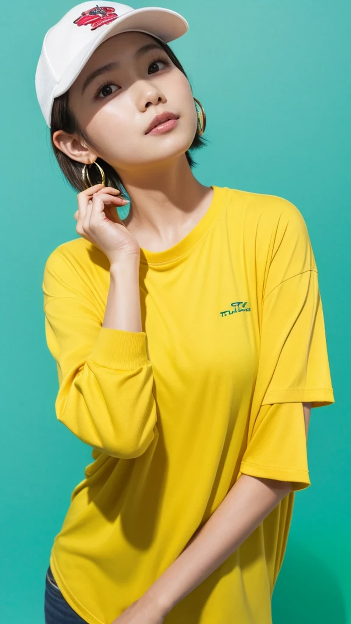 tetsuya nomura, masterpiece, highest quality, 1 girl, aqua eye, baseball cap, blonde hair, closed mouth, earrings, green background, have, hoop earrings, jewelry, looking at the viewer, shirt, short hair, simple background, alone, Upper body, yellow shirt 