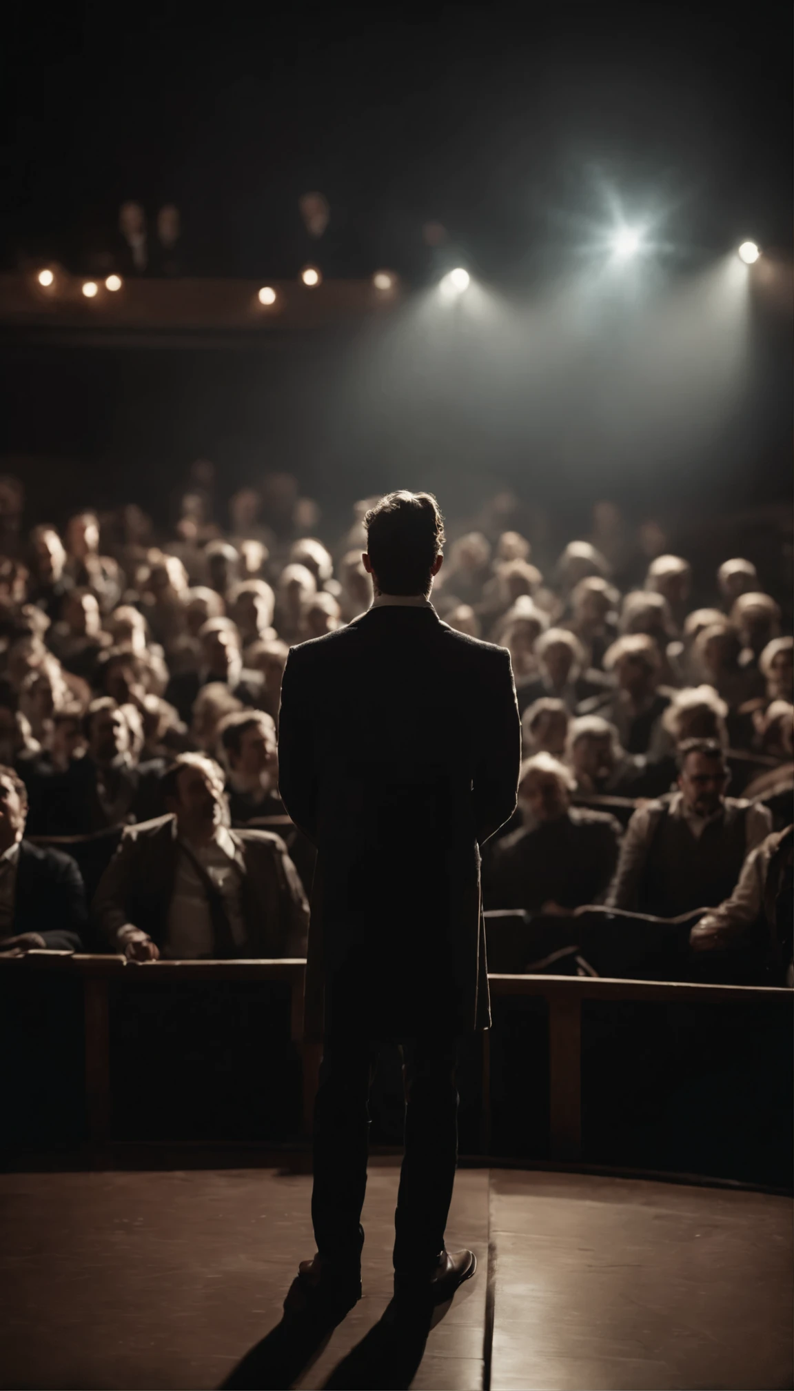 Crowded beautiful, new theater of the late 19th century., photo, illustration, a cinematic actor on stage stands with his back to us and facing the audience