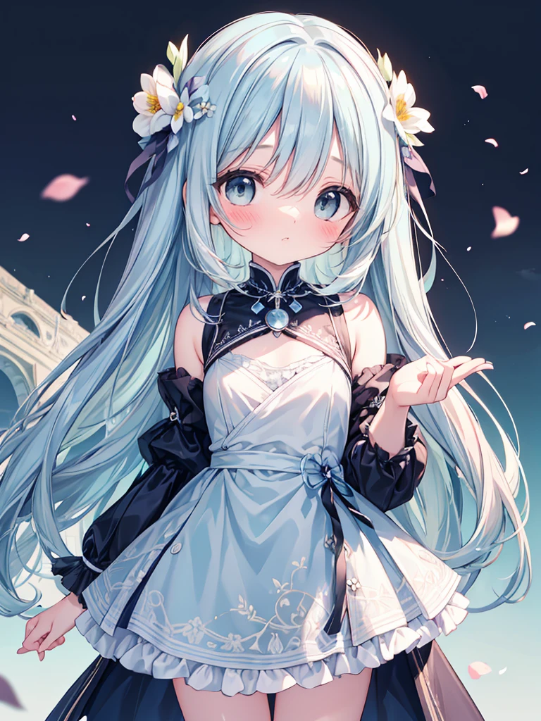 (ultra-intricate pupil in eyes, shiny eyes), long eyelashes, double eyelids, parted lips, kawaii, cute, ( flat chest), slender, (ultra delicate and beautiful skin), insanely detailed clothes, perfect anatomy, dynamic angle, BREAK (masterpiece, best quality), (ultra-detailed 8K), (perfect design), absurdres, highres, ((blush)), (super fine illustration), ((light blue long hair))), 10 years old, long hair ((blush)), masterpiece, best quality, (amazing, beautiful detailed eyes, blunt bangs), high resolution, cute face, masterpiece, best quality, extremely detailed, anime, beautiful girl, bright hair, wind, solo, depth of field, masterpiece, best quality, extremely detailed, (PHOTO BACKGROUND: 1.3), SMALL BREASTS,depth of field, bokeh, Original Characters, Natural Volumetric Lighting And Best Shadows, absurd-resolution, ultra-detailed, (best quality illustration), 8K, ultra high res, cowgirl shot, background, (flower-style background),(((( light blue long hair)))),,10 years old, long hair ((blush)) , cute face,masterpiece, best quality, (Amazing,beautiful detailed eyes,,blunt bangs),(masterpiece, best quality, extremely detailed, absurdres)),masterpiece, best quality, extremely detailed , ,