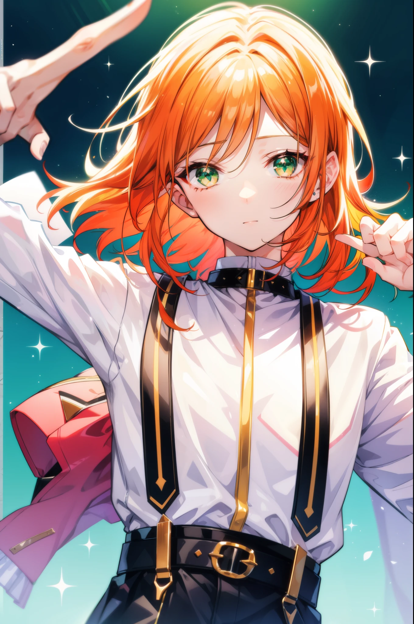 porate、one man、highest quality、super fine、detailed、highest quality、fantasy、bright look、the cutest face in the world、Young, white and shiny skin、the most beautiful and beautiful in the world、the ultimate beautiful boy、the most beautiful in the world，orange hair、lightest colored hair、shiny hair、smooth medium hair、Hair must be long enough that it doesn&#39;t touch your shoulders、Center parting of bangs、Sparkling, clear, attractive green eyes、A very kind and nice 16 year old boy、