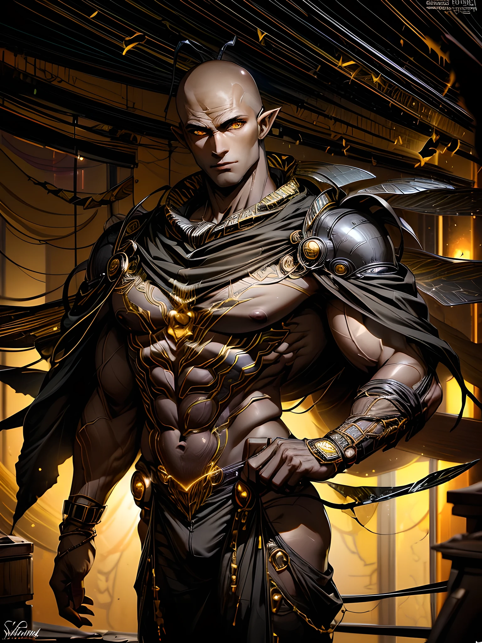 ((absurdres)) perfect whole body, ultra photorealistic, top quality, Photorealistic, ((16k UHD)), High Definition, high-res, ultra sharp, masterpiece, the best quality, intricate details, detailed eyes, perfect face detailed face, cyberpunk, futuristic, masterpiece, highly detailed exquisite character art, perfectly detailed anatomy, detailed body, detailed pecs, pecs, thick thighs, (((cinematic light))), ultra-realistic, (((1male))) ((tall muscular man male humanoid)), bald, humanoid yellow skin, big eggs, bee anatomy, deity, god of honey bees, humanoid black & yellow skin tone, yellow hue, powerful humanoid appearance, compound eyes, metallic scales, scales. Metallic armour, smiling face, strong jaw, high cheekbones, pecs, sexy pose, elf ears, glossy skin, touching his pecs, flying in the sky, mandibles, Antenna, honey, ((male muscular stripe black & yellow humanoid insect honey bee)) yellow skin, black skin, dark,