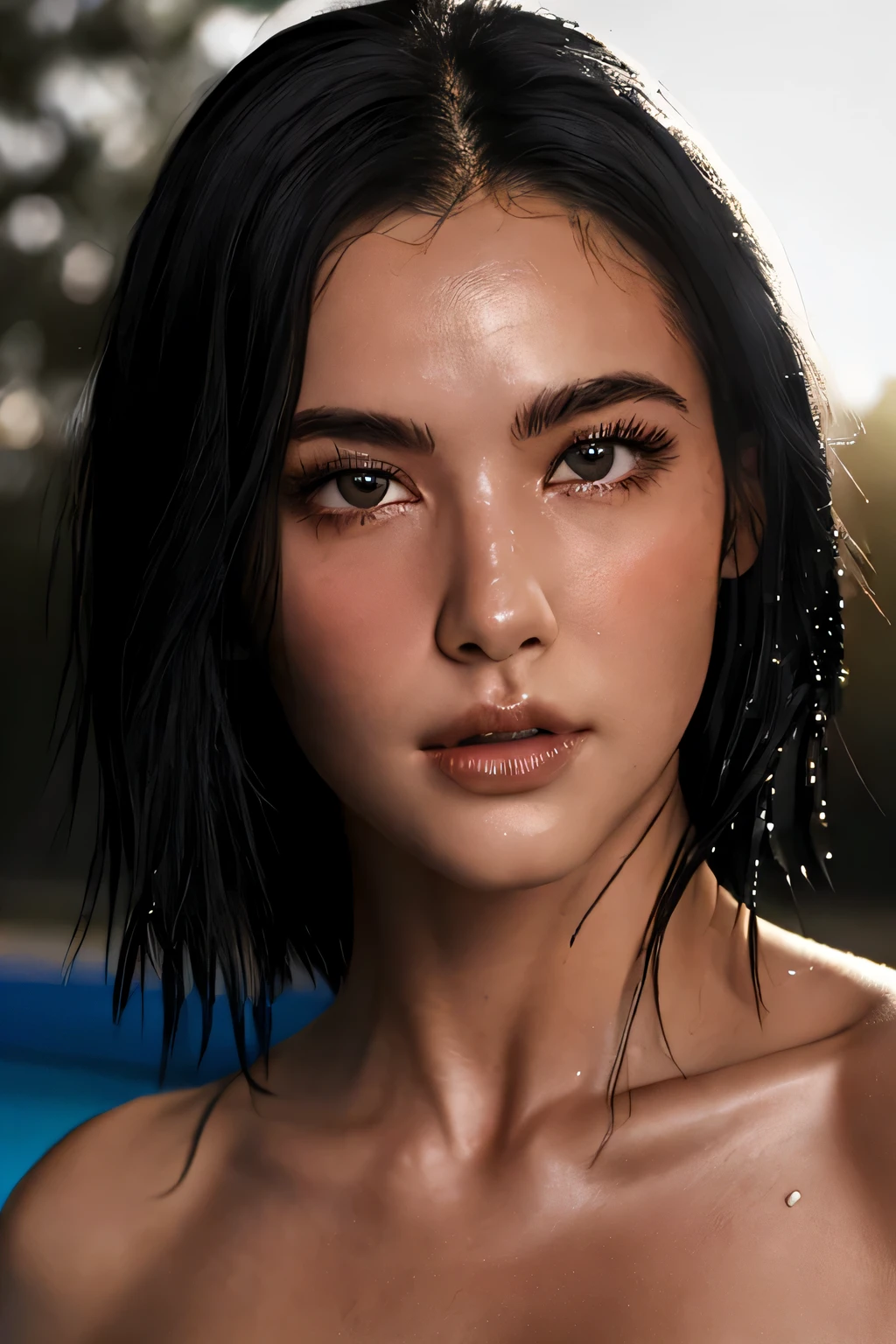 Photorealistic woman, detailed short messy black hair, full body shot, Detailed skin, detailed body, muscular, solo, wearing black micro bikini, huge breasts, thick thighs, wide hips, muscular arms, large bulging veins on body, veins, muscle vein, split abs, thick thighs, blue eyes, Natural Skin Texture, skin detail, shiny skin, shiny glossy skin, WET skin, wet body, glossy skin, oily skin, Mediterranean tan, high contrast, realistic skin, skin pores, intricate detail, high contrast, realistic skin, skin pores, intricate detail, raw photo, mature female, glossy lips, luscious lips, pretty nose, lifelike rendering, immersive atmosphere, chiaroscuro, moody lighting, perfect female body, realistic skin, skin pores, at an expensive private swimming pool in Brazil, bad-girl, mature female, ero404