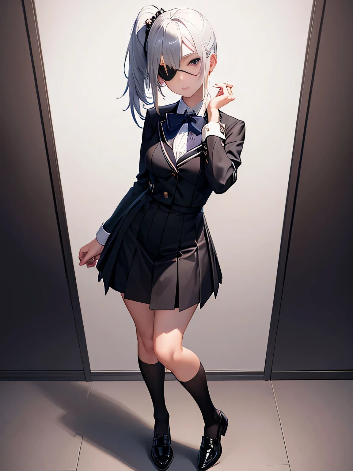 masterpiece, best quality, ultra-detailed, beautiful, 1girl, solo, silver hair, lower ponytail,eyepatch, school-uniform, standing,full body, toe,white background, simple background, from front，looking at the viewer,