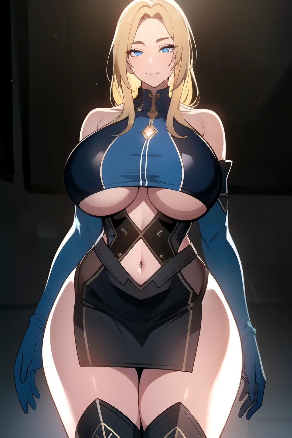 masterpiece, best quality, absurdres, 8k, perfect shadows,perfect lighting,hdr, cowboy shot,shiny skin,skindentation, beautiful body, kafka, ((blonde hair: 1.4)), long hair, (blue eyes: 1.4), (crop top, underboob, elbow gloves, thigh boots, split skirt, bare shoulders, curvy, midriff, curvy, thighs, higheels, shiny clothes), complex detailed background, inside, luxury palace) (gigantic breasts,hourglass body, thin waist,very slim waist)extremely detailed face,detailed eye makeup, detail face, nice detailed eyes,nice hands, perfect hands (realistic pupils,realistic iris:1) heavy eye makeup,glowing eyes, Bright eyes,standing,standing at attention,(seductive smile), gigantic breasts, curvy