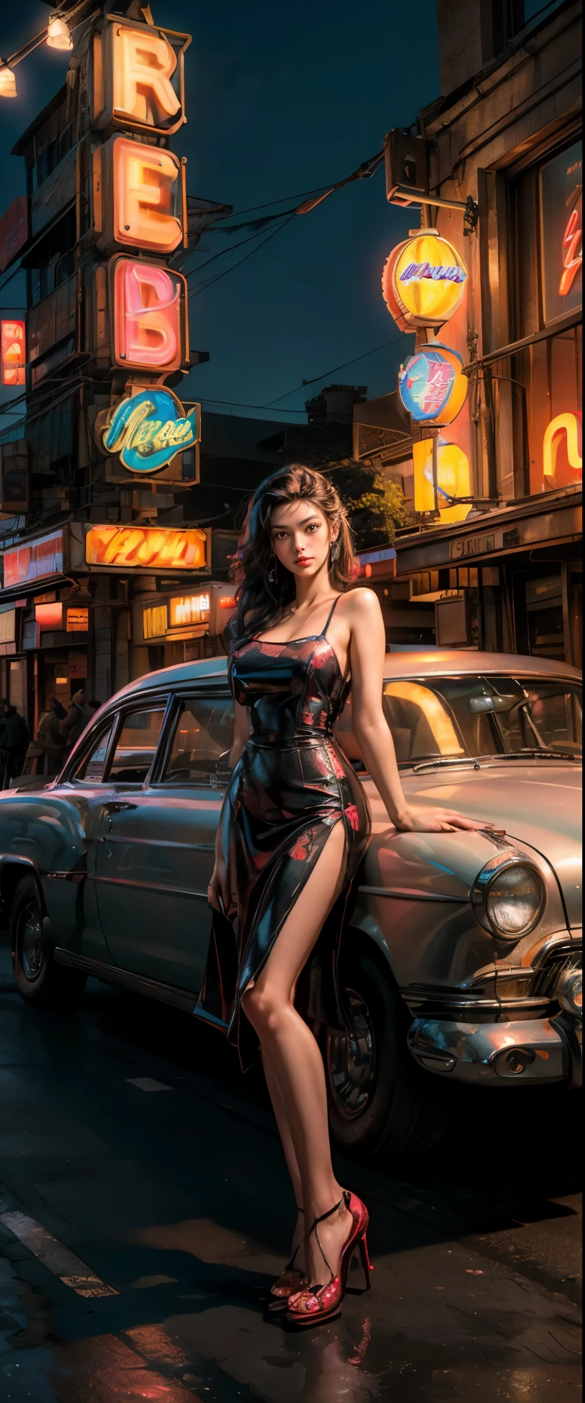 ((masterpiece, highest quality, Highest image quality, High resolution, photorealistic, Raw photo, 8K)), arafed view of a motel with a car parked in front of it, with neon signs, A woman waiting for a guest in front of a motel, seduction, short dress and high heels, route 6 6, neon signs, 1 9 5 0 s americana tourism, some have neon signs, neon lights outside, neon advertisements, gigantic neon signs, neon shops, by Arnie Swekel, few neon signs, neon signs in background,