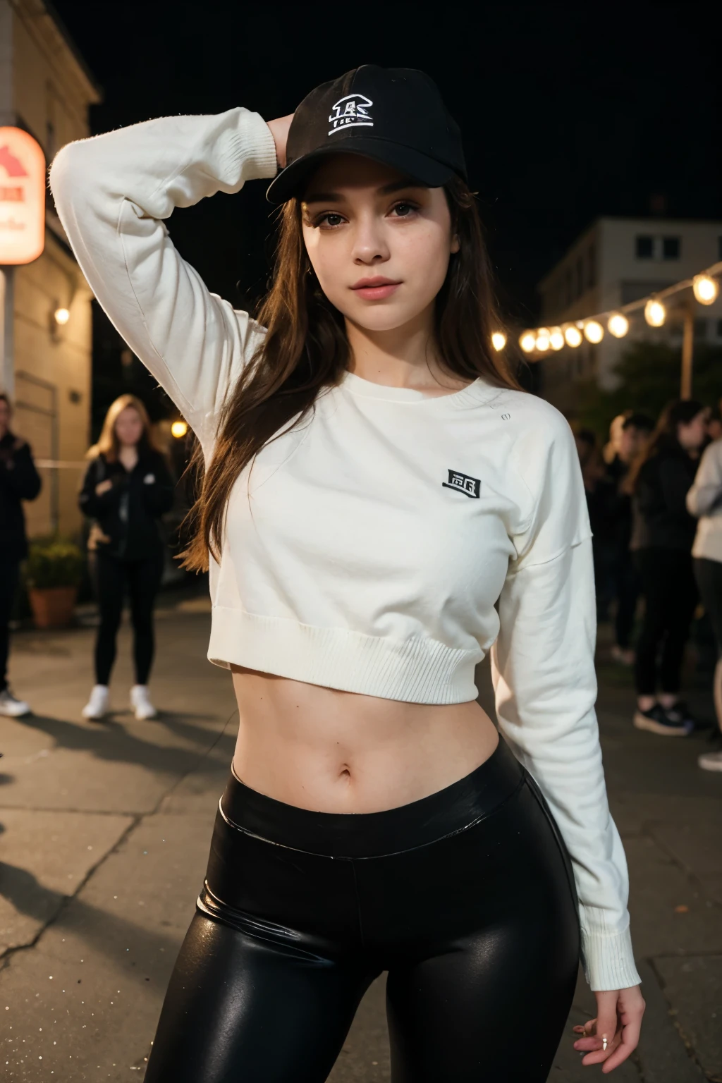 Girl
20 years old
Caucasian
Sweater

Long sport pants
Cap
Dancing
Party