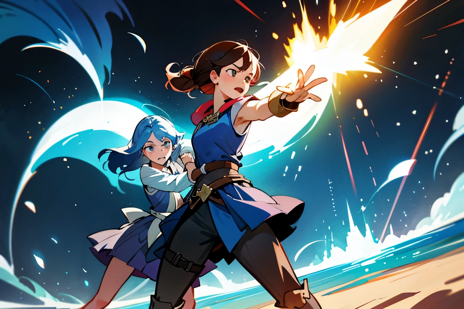 Two girls are fighting the enemy with magic、cool、force、fantasy
