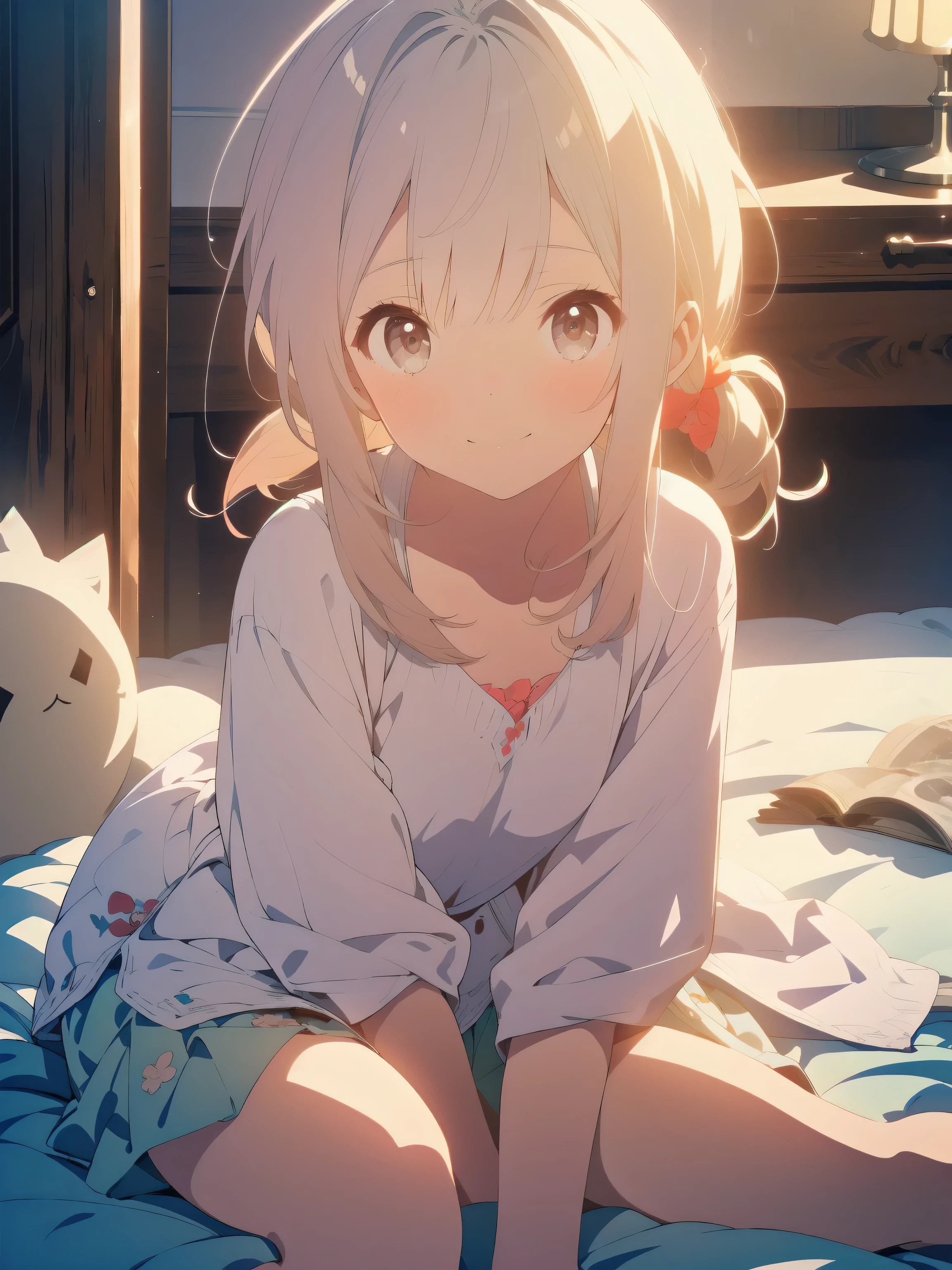 Klee,,, sitting on a bed,  flat chest, completely ,fullbody, thick thighs ,ray tracing, vibrant colors, girl, masterpiece, sharp focus, best quality, depth of field, cinematic lighting, perfect eyes, rich in details and textures, anime screencap,fullbody, front facing ,1 girl(center picture), Smiling softly,  god face ,background(opacity:1/6), 4k high quality, sharp image, depth of field, cinematic lighting,on bed,water surface ,White silk pantyhose,good eyes,perfect body ratio