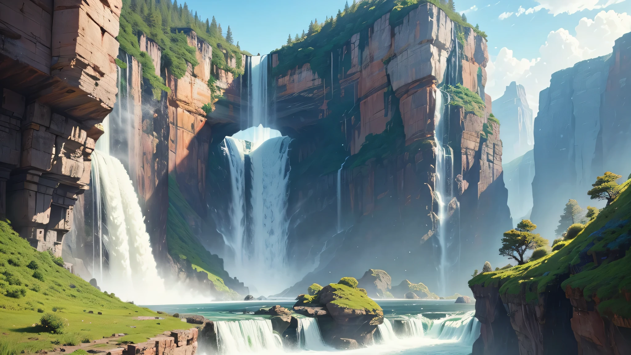 A waterfall flows down from a very high mountain, only one waterfall。The waterfall is flanked by cliffs，canyon，The cliff is covered with vegetation，Colorful clouds in the sky move slowly, real image, cinematic, Natural light--automatic