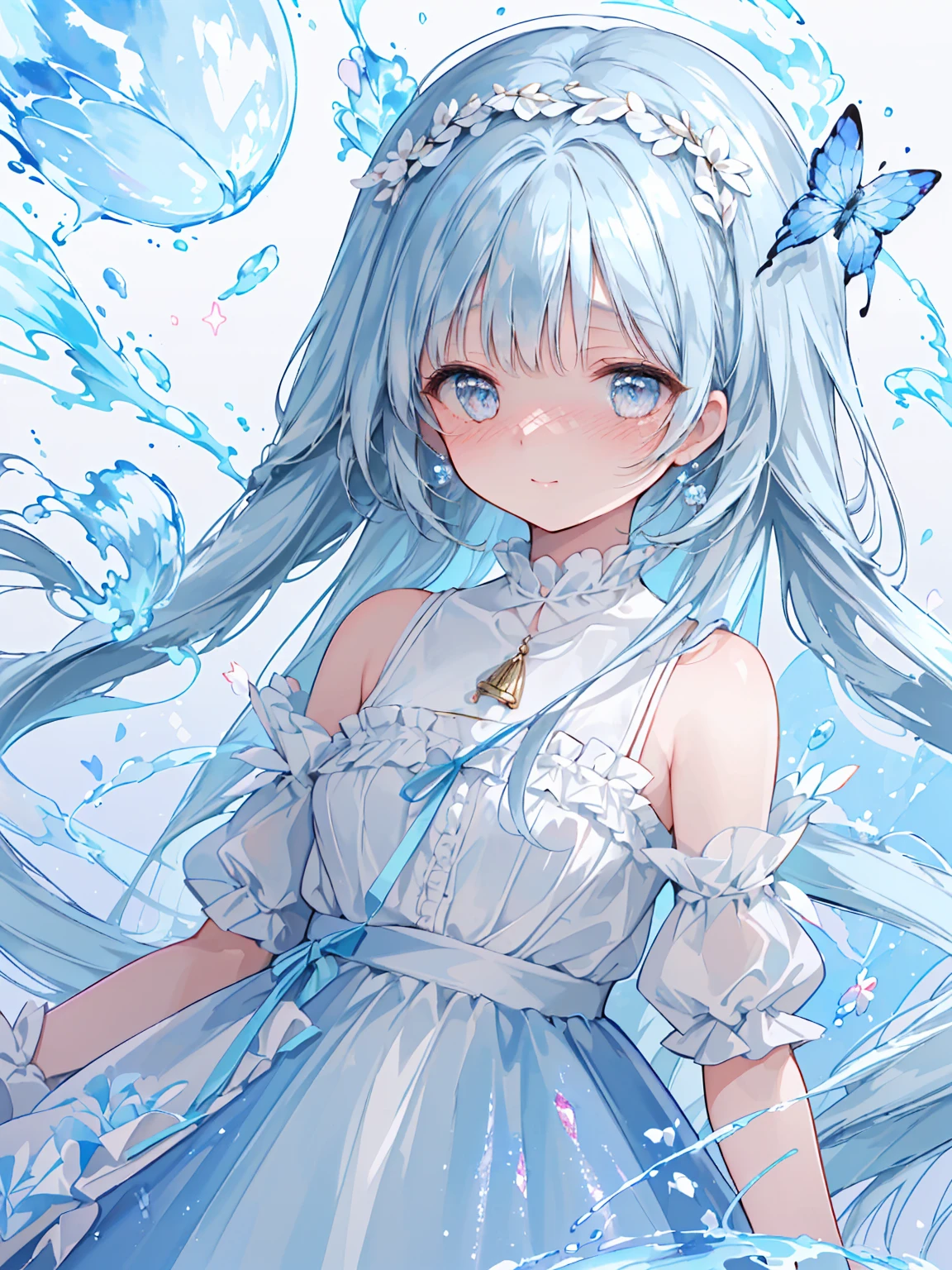 masterpiece, best quality, extremely detailed, (illustration, official art:1.1), 1 girl ,(((( light blue long hair)))), light blue hair, ,10 years old, long hair ((blush)) , cute face, big eyes, masterpiece, best quality,(((((a very delicate and beautiful girl))))),Amazing,beautiful detailed eyes,blunt bangs((((little delicate girl)))),tareme(true beautiful:1.2), sense of depth,dynamic angle,affectionate smile, (true beautiful:1.2),,(tiny 1girl model:1.2),(flat chest)), 
Soft Focus , (Bright gradient watercolor :1.5, Lens Flare:1.5 , Glitter :1.5), Glow , Dreamy Grid illusion, Colorful, girl、((extremely detailed eye:1.5)),ace Zoom:1.5,,(((​masterpiece、top-quality、top-quality、watercolor paiting)))(Curly)、(master masterpiece、bestquality、bestquality、Official Art、Beautiful and aesthetic:1.2),Sleeveless Girl, summer, Water droplets,detailed backgorund、nature、Arm up、smiles、cutest、Mysteriouystical background、butterflies、