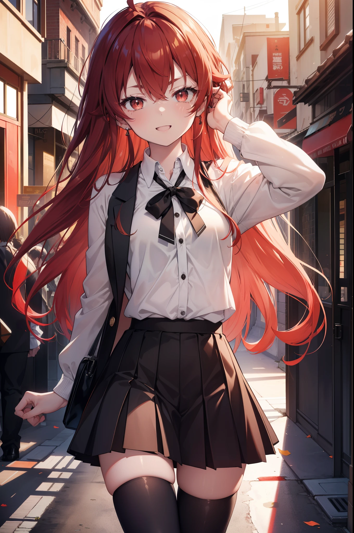 Ellis Greyrat, you become greyrat, Ahoge, hair between eyes, long hair, (red eyes:1.5), redhead, side lock, (small breasts:1.2),happy smile, smile, open your mouth,break black ヘアバンド, black ribbon, white Y shirt,Red cardigan,Black Blazer　The front is open,black pleated skirt,white stockings,brown loafers,sunset,evening,the sun sets,
break looking at viewer,Looking up from bottom to top,
break outdoors, In town,building street,
break (masterpiece:1.2), highest quality, High resolution, unity 8k wallpaper, (figure:0.8), (detailed and beautiful eyes:1.6), highly detailed face, perfect lighting, Very detailed CG, (perfect hands, perfect anatomy),