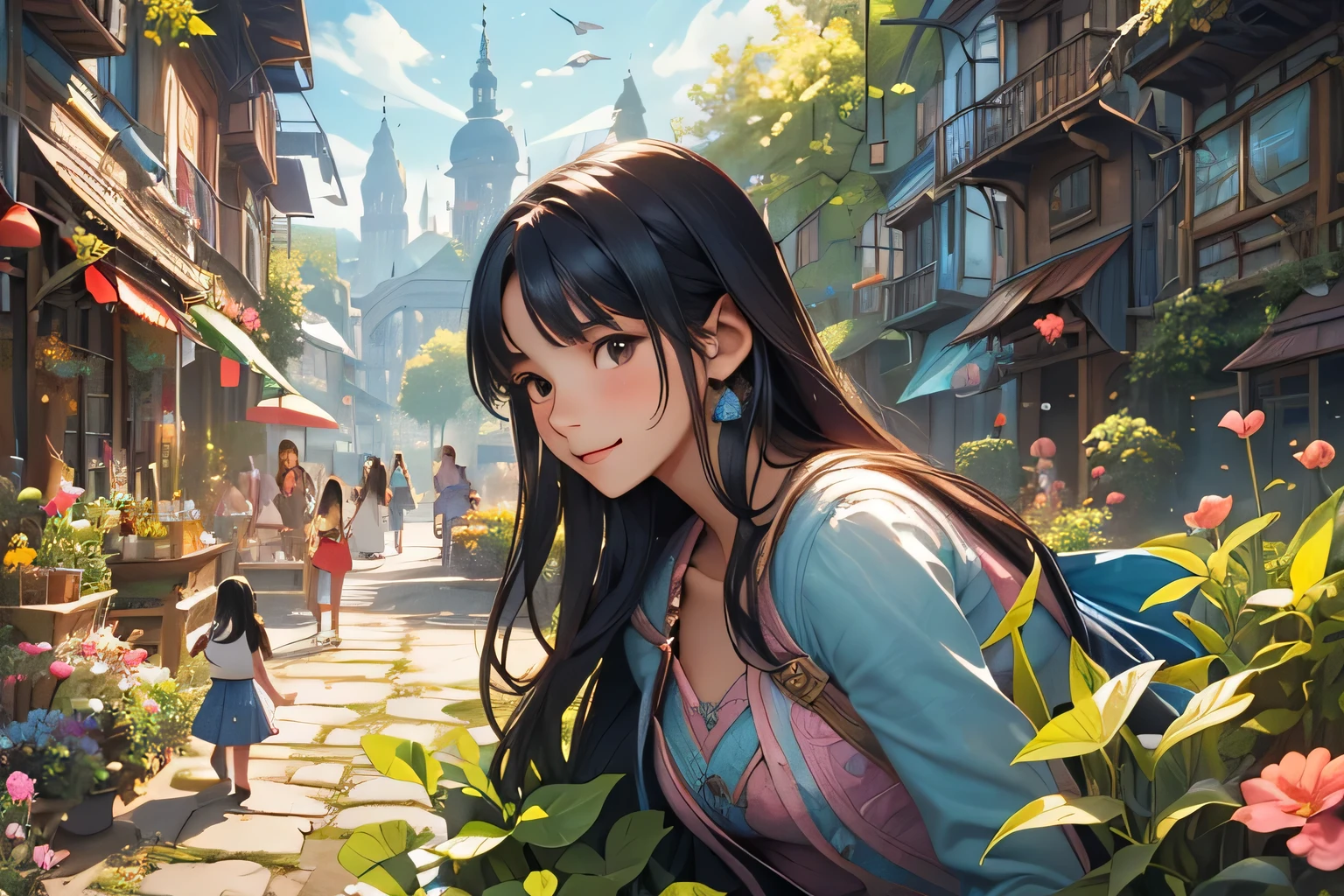 A teenage girl with long black hair playing children in a city garden, whimsical fantasy RPG style,  enchanted plants, vibrant colors, detailed illustration, dynamic poses, Square orientation --s 150 --ar 1:1 --c 5 --v 5.2