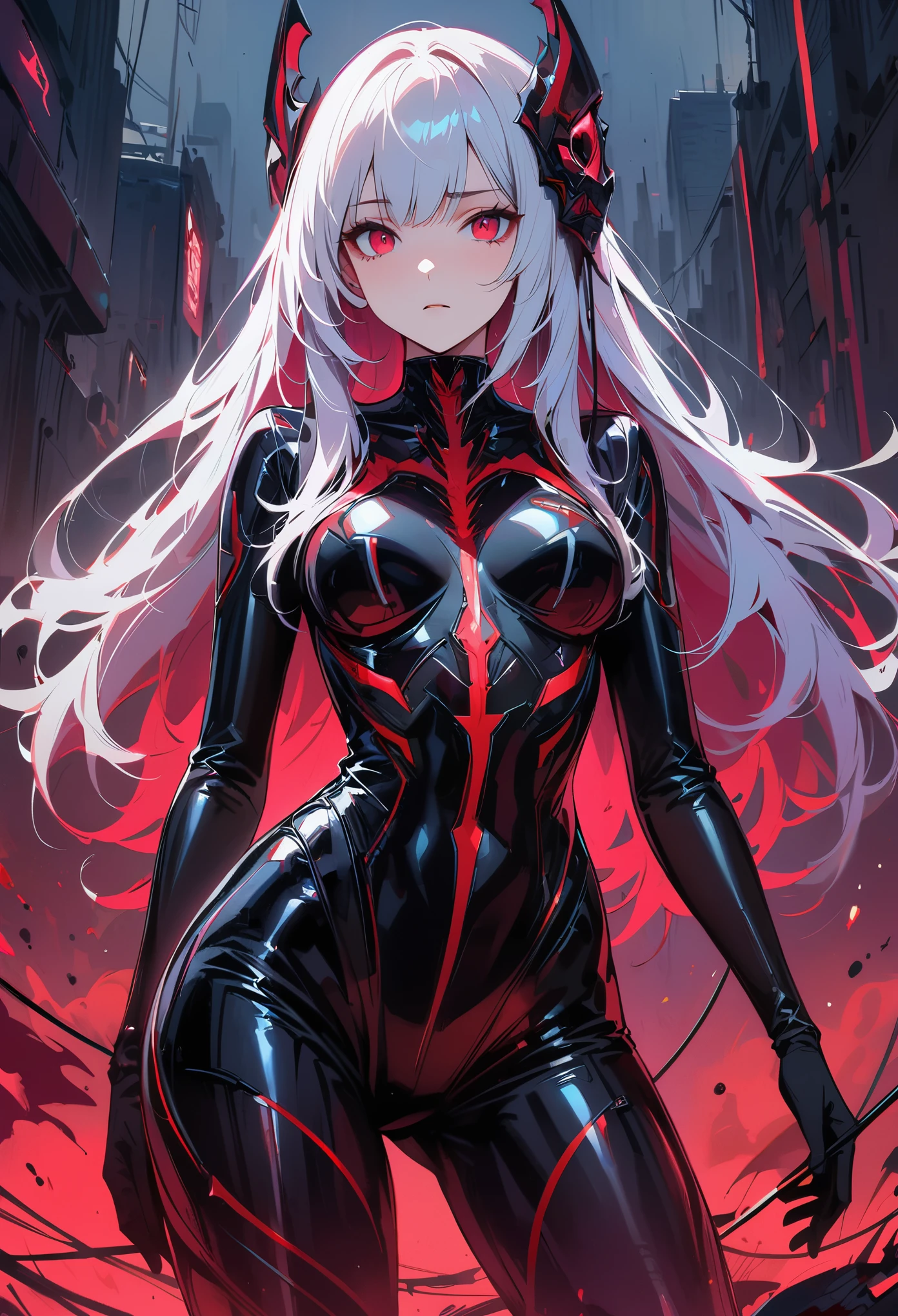 masterpiece， best quality， 8K， Digital painting， 1 girl， solo， stand up， youth， White hair， long white hair， hair accessories， red eyes， round pupils， Emotionless expression， blood stains， Mechanical Parts， electric wire， cable， failure effect， horrifying， science fiction， futuristic， Dark inside the background， neon lights， cyberpunk characters， Surreal， weird， Disturbing， spine-chilling， horrifying， jumpsuit，Red eyes，Venom Possession，blackened，Long black gloves，One-piece Pants，tight latex bodysuit，Highlight her graceful figure,wrap the whole body，symbiont，（（Raised sexy）），jumpsuit，Red eyes，Venom Possession，blackened，Long black gloves，One-piece Pants，Black latex clothing，Blood-red eyes，best quality, High resolution, Super detailed, Vivid textures, mask, tight latex bodysuit, Bangs,purple hair, blue eyes