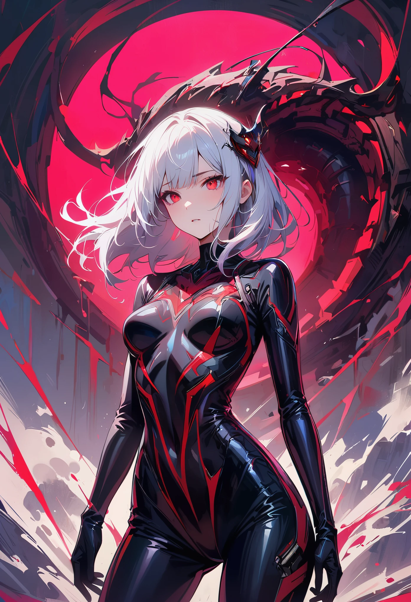 masterpiece, best quality, 8K, Digital painting, 1 girl, solo, stand up, youth, White hair, long white hair, hair accessories, red eyes, round pupils, Emotionless expression, blood stains, Mechanical Parts, electric wire, cable, failure effect, horrifying, science fiction, futuristic, Dark inside the background, neon lights, cyberpunk characters, Surreal, weird, Disturbing, spine-chilling, horrifying, jumpsuit,Red eyes,Venom Possession,blackened,Long black gloves,One-piece Pants,tight latex bodysuit,Highlight her graceful figure,wrap the whole body,symbiont,((Raised sexy)),jumpsuit,Red eyes,Venom Possession,blackened,Long black gloves,One-piece Pants,Black latex clothing,Blood-red eyes,best quality, High resolution, Super detailed, Vivid textures, mask, tight latex bodysuit, Bangs,purple hair, blue eyes