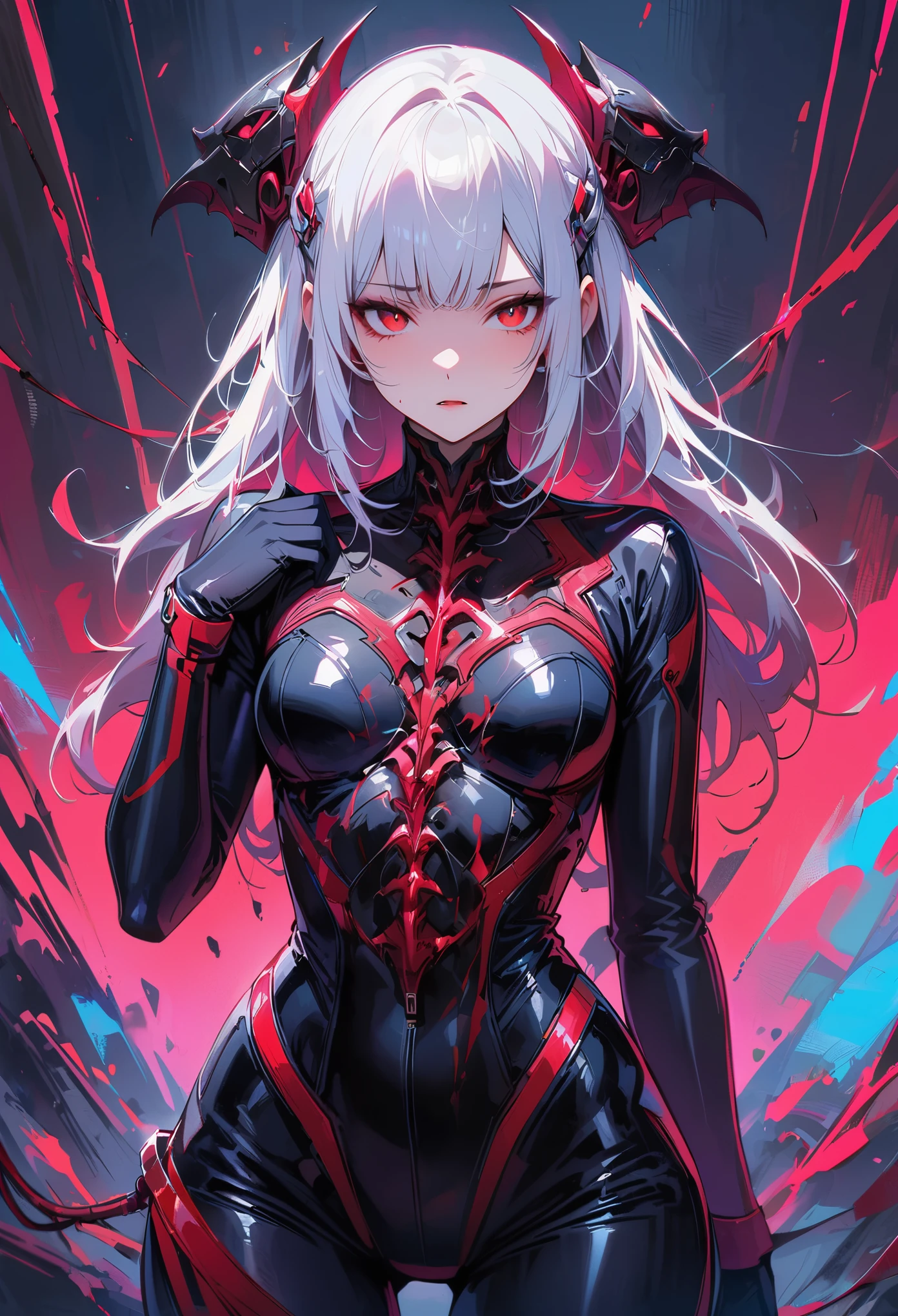 masterpiece， best quality， 8K， Digital painting， 1 girl， solo， stand up， youth， White hair， long white hair， hair accessories， red eyes， round pupils， Emotionless expression， blood stains， Mechanical Parts， electric wire， cable， failure effect， horrifying， science fiction， futuristic， Dark inside the background， neon lights， cyberpunk characters， Surreal， weird， Disturbing， spine-chilling， horrifying， jumpsuit，Red eyes，Venom Possession，blackened，Long black gloves，One-piece Pants，tight latex bodysuit，Highlight her graceful figure,wrap the whole body，symbiont，（（Raised sexy）），jumpsuit，Red eyes，Venom Possession，blackened，Long black gloves，One-piece Pants，Black latex clothing，Blood-red eyes，best quality, High resolution, Super detailed, Vivid textures, mask, tight latex bodysuit, Bangs,purple hair, blue eyes