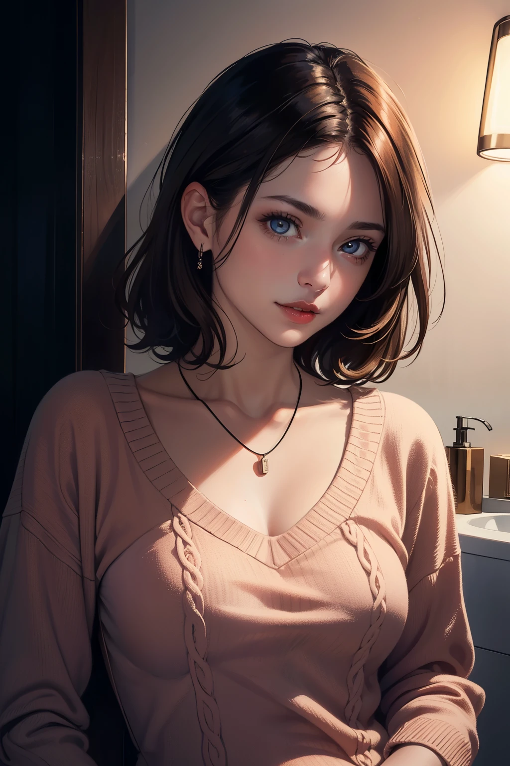 ((Night, Realistic Light, Best Quality, 8K, Masterpiece: 1.3)), 1girl, Slim Beauty: 1.4, (Brown hair, Medium breasts: 1.3), Long pink sweater: 1.1, Bathroom, Super fine face, Delicate eyes, Double eyelids, smile, necklace, medium shot,