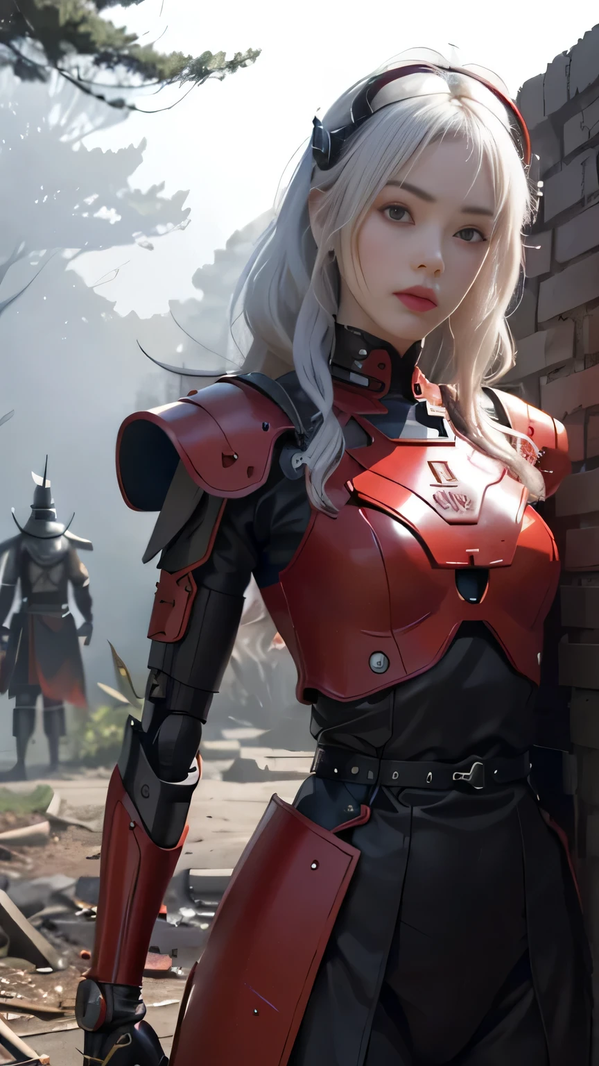 two samurai (Standing with arms crossed over chest, back against wall).white hair .lolita.fantasy.two samurai guarding in the forest at night, yasuke.fog. Ninja robot.shinobi robot. Red eyes, devil mask, rain. The dark night. Equipped with Sword at the back. Katana is in the back. Robots. Gear. screws. lamp. lamp. wire in the back. Catch the monster in the alley.UE5 CGI.Abandoned house.step forward.Bright eyes.Red suit.Robot helmet.Red leather clothes.