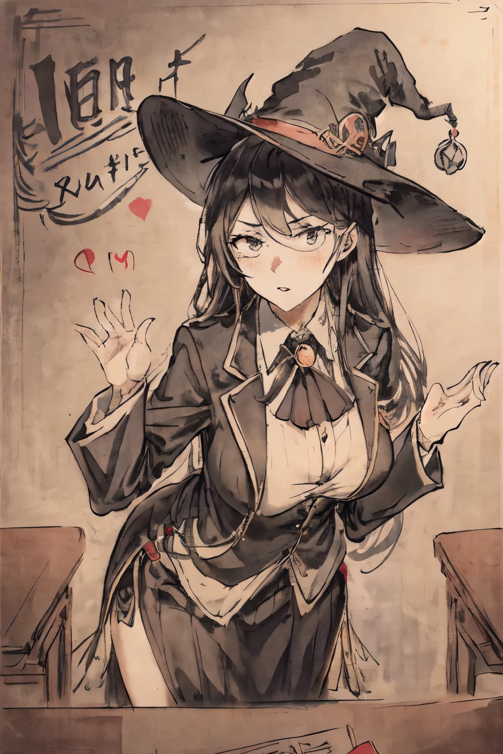 woman wearing teacher costume，There is a work badge hanging on the chest，Wearing a wide-brimmed witch hat，perspective from above，high angle，Sophisticated blazer，tense posture，Raise your hand and write with chalk in the air，Strong self-confidence，ornate decorations，classroom background，perfect head，lens with tension