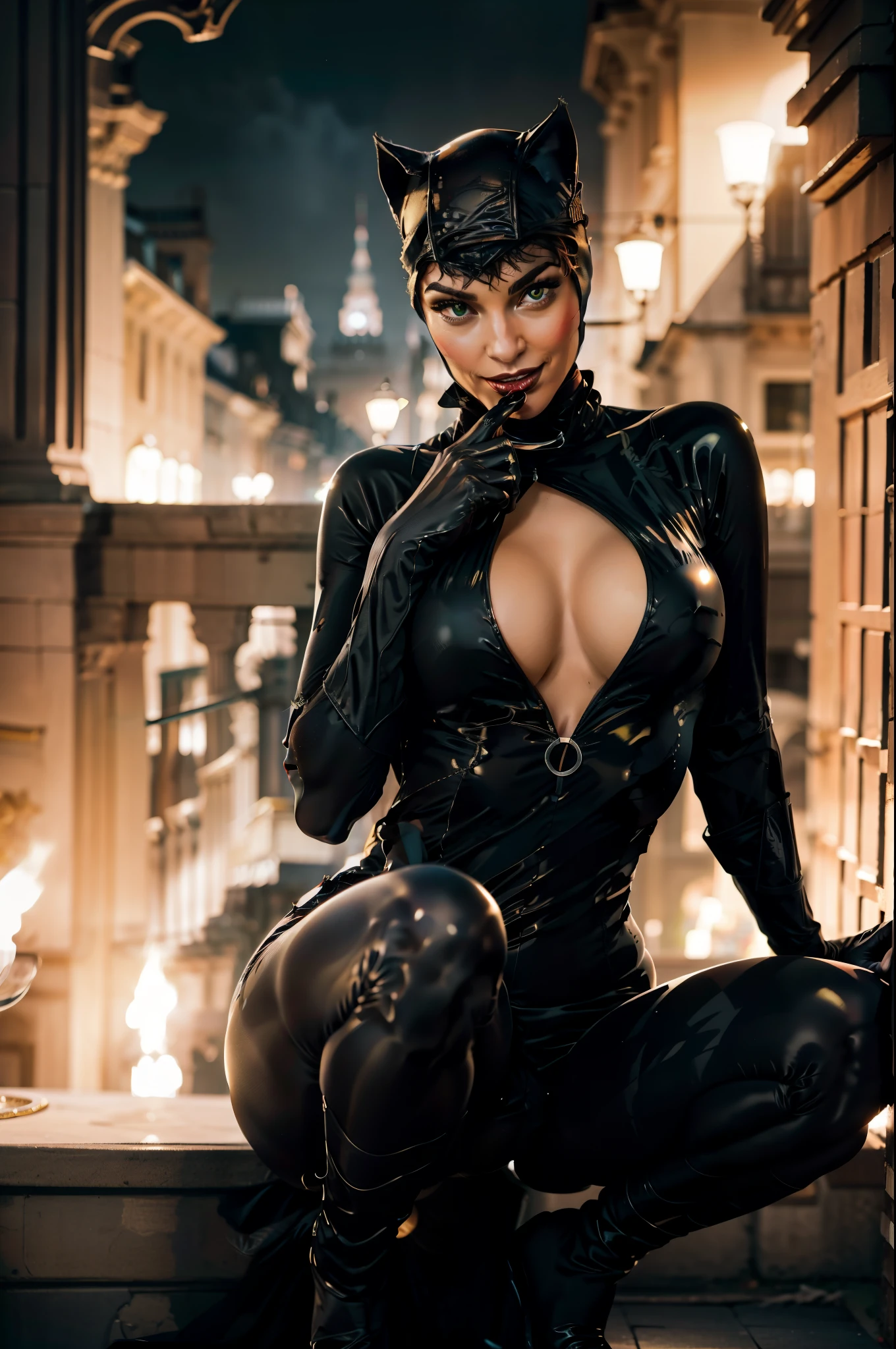A captivating Catwoman figure, boasting generous assets, The velvety fabric of her black glossy gown clings to her curvaceous figure, big breasts, cleavage. Her seductive green eyes gleam, a sly smile playing at the corner of her mouth. The intricate details of the gown's texture and the glossy finish of her feline ears add to the masterpiece of this art piece, squatting