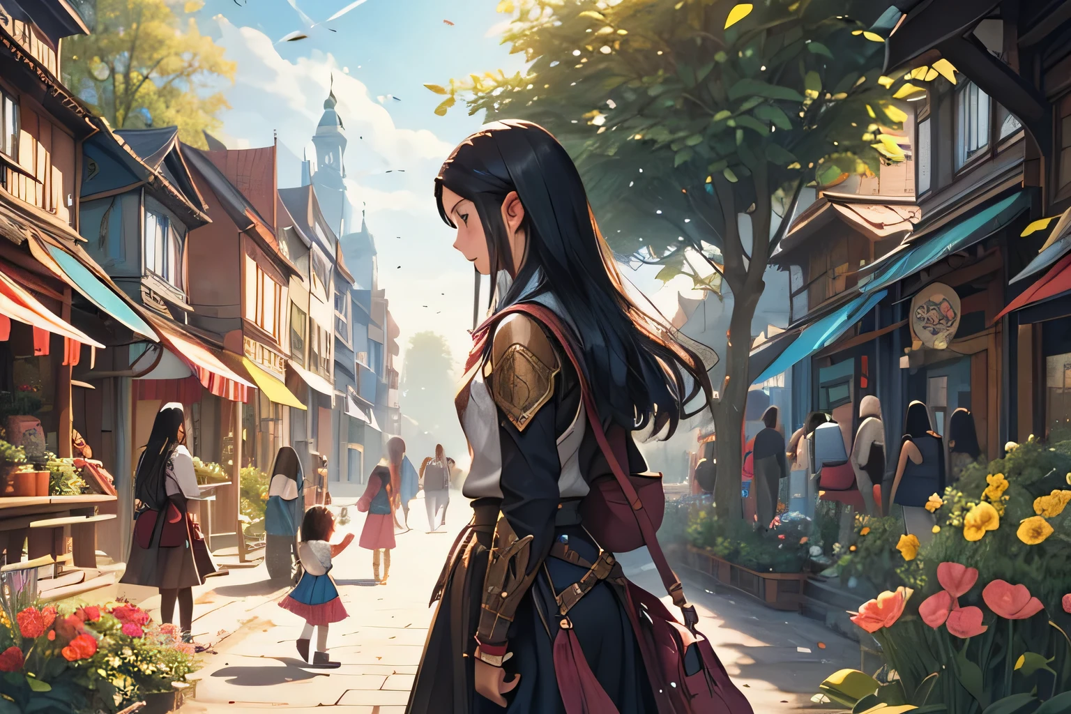 A teenage girl with long black hair playing children in a city garden, whimsical fantasy RPG style,