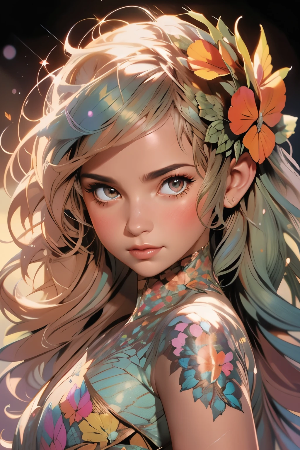 Charlie Bowater realistic Lithography sketch portrait of a woman, butterflies shaped like flowers and leaves, butterflies, flowers, warm colors, [gears], pipes, dieselpunk, multi-colored ribbons, old paper texture, highly detailed, peaceful and beautiful, final fantasy XV