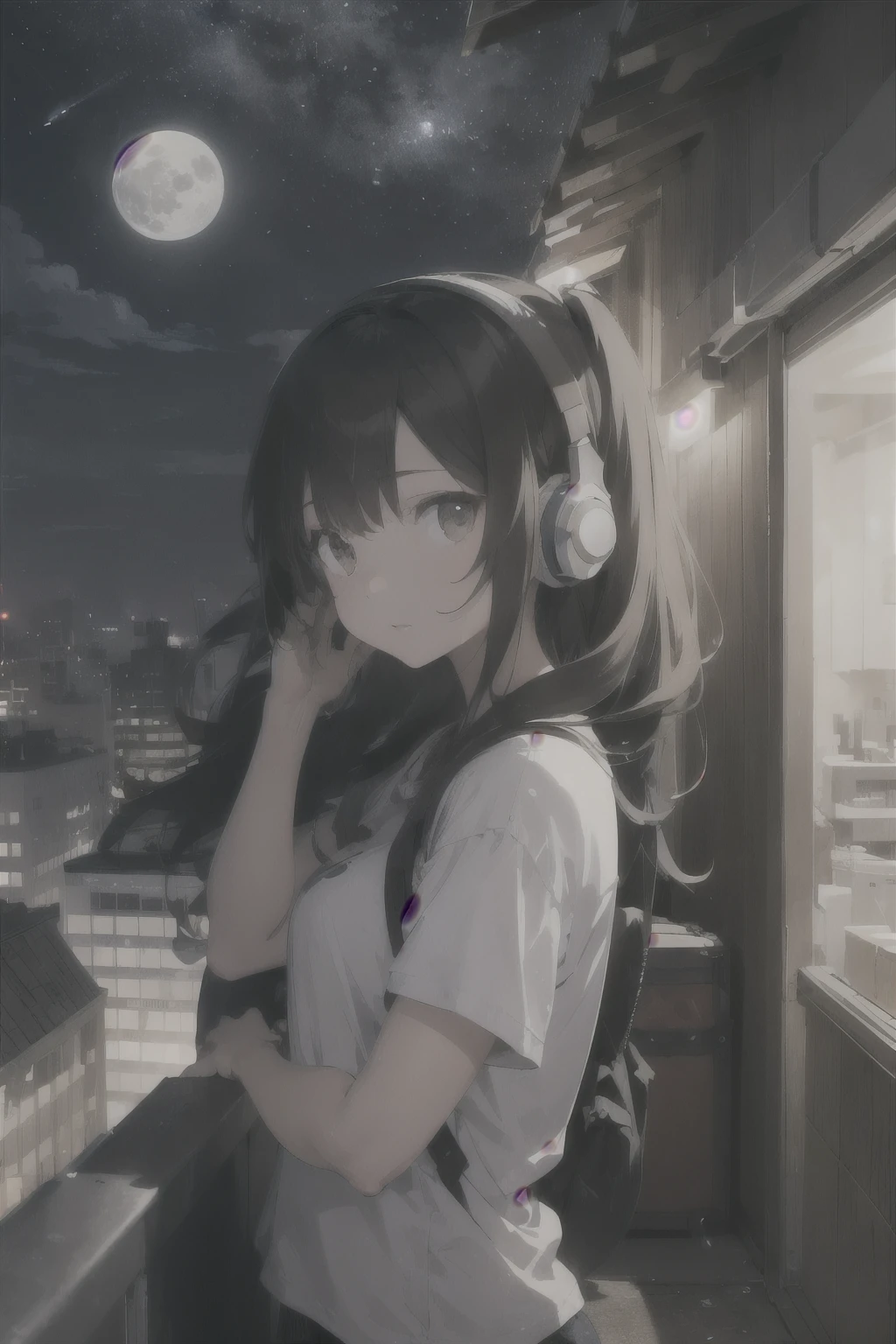 On a full moon night, on the roof of a building, a girl listens to music with headphones on, her hair blowing in the wind.