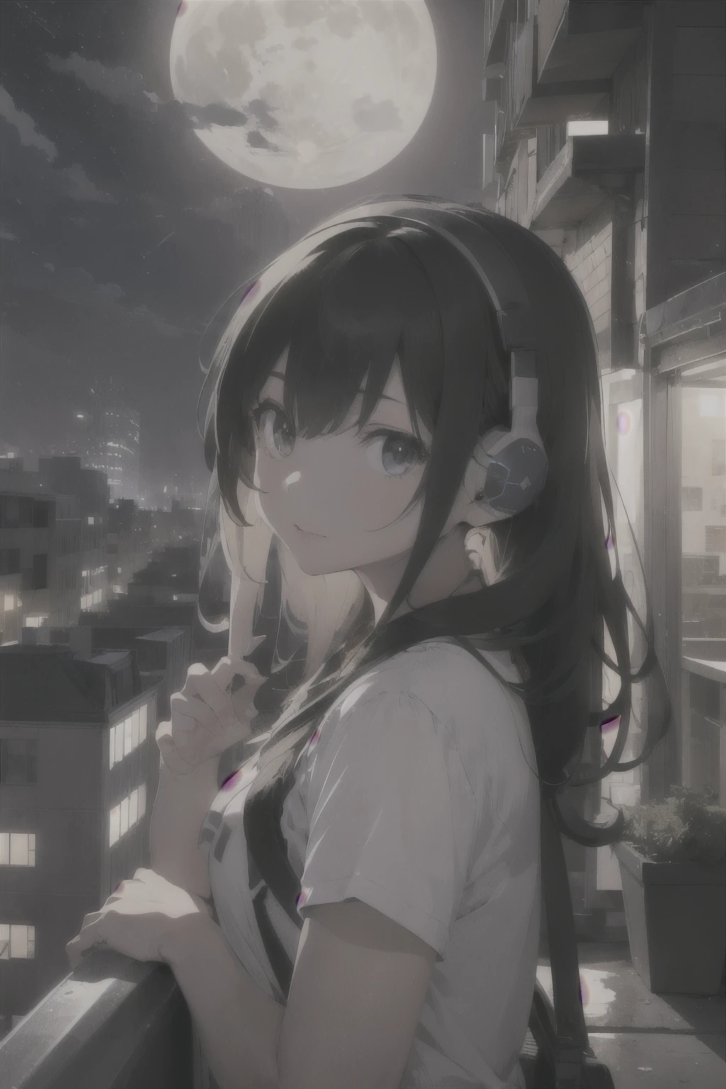 On a full moon night, on the roof of a building, a girl listens to music with headphones on, her hair blowing in the wind.