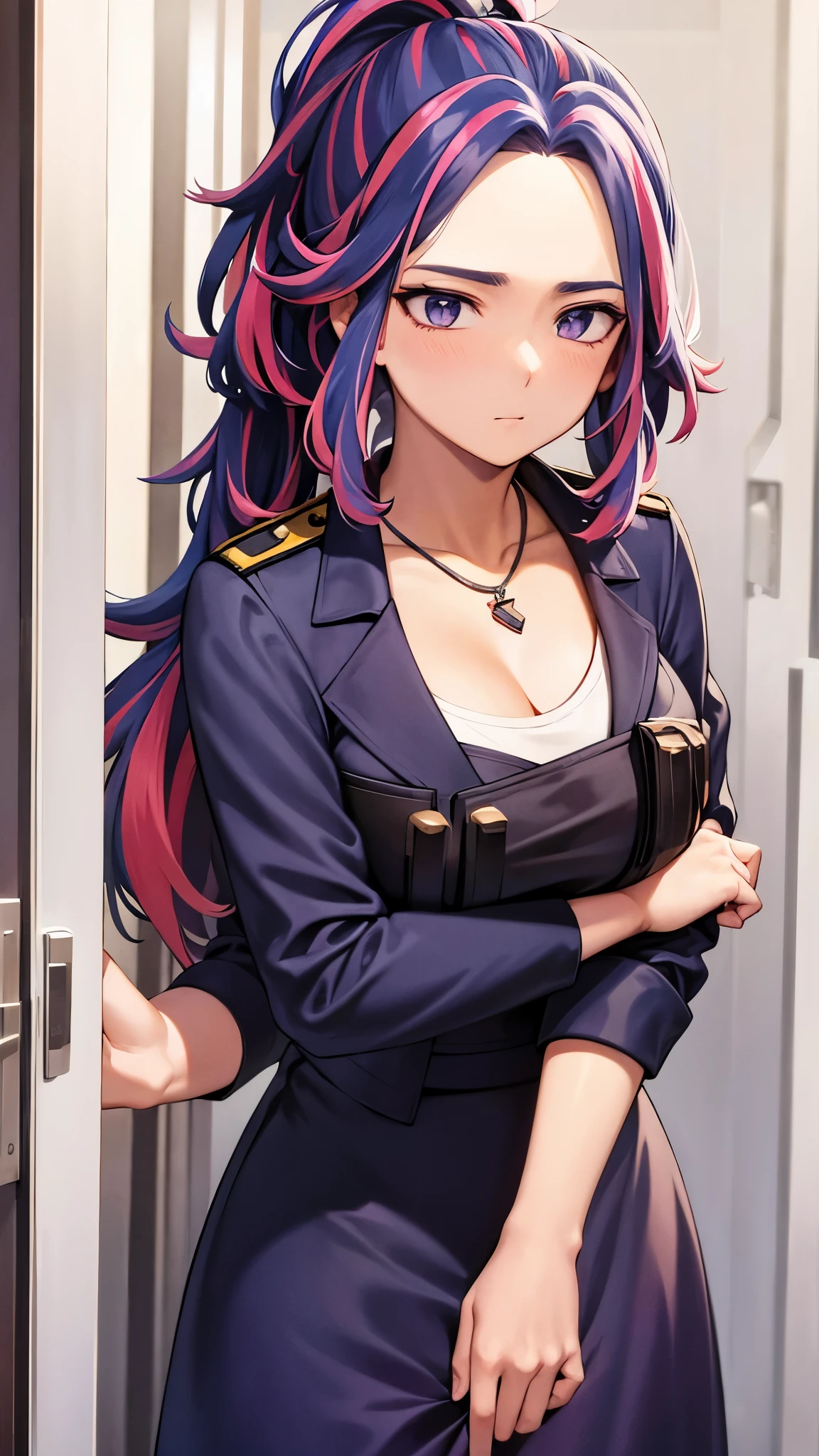 a woman standing near a door in a uniform, 1girl,  solo, jewelry, necklace, multicolored hair, cleavage