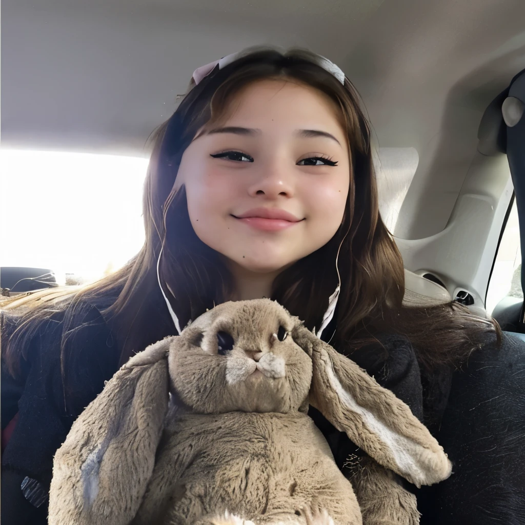 Mujer arafed en un coche con un conejo de peluche., Retrato de Sophie Mudd, sin maquillaje, with long, floppy rabbit ears, 18 years, sosteniendo un conejo, violeta myers, El asiente, 1 8 son, foto de Snapchat, Peluche, Kailee Mandel, con orejas de conejo, con grandes orejas de conejo, sentada en su auto, 16 years old