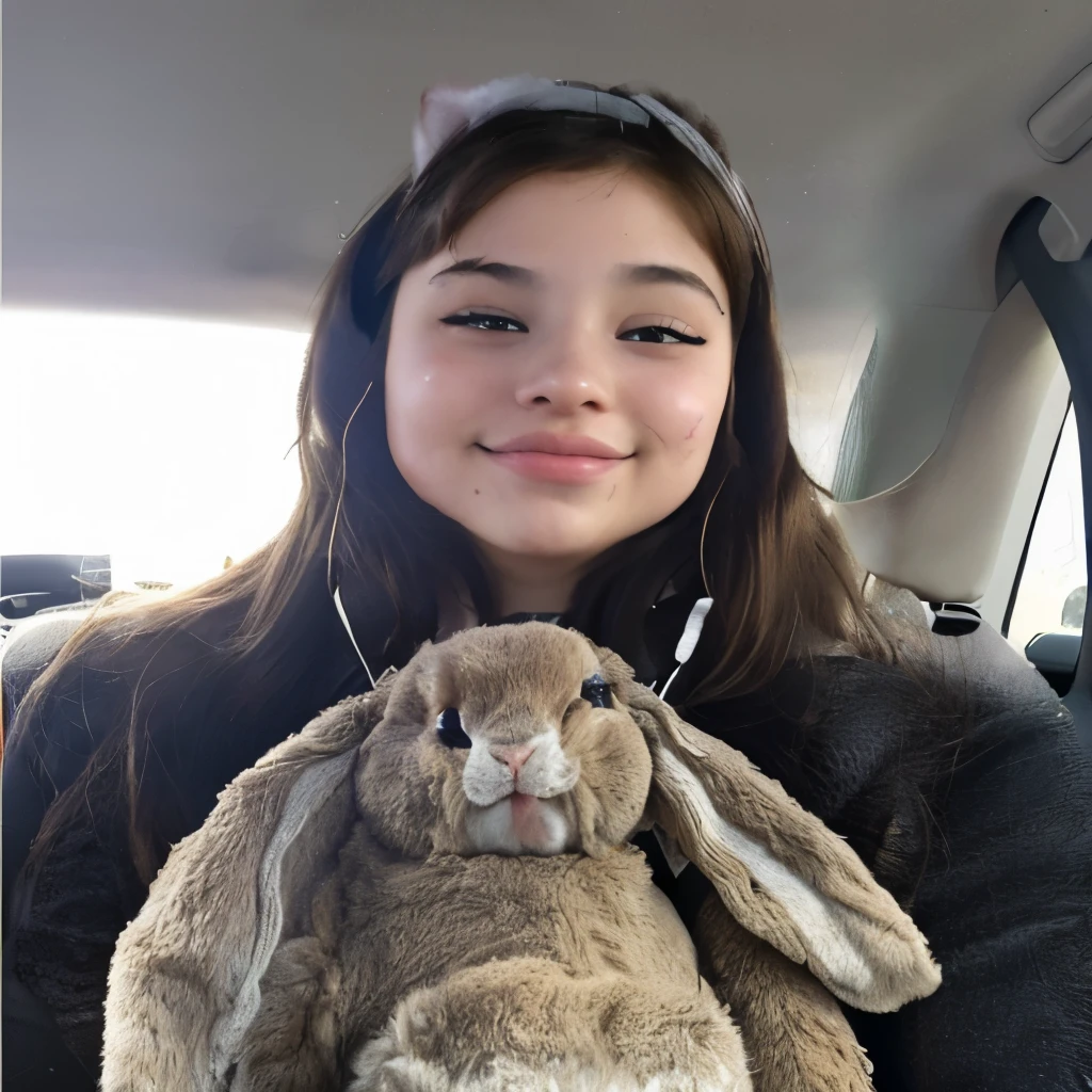 Mujer arafed en un coche con un conejo de peluche., Retrato de Sophie Mudd, sin maquillaje, with long, floppy rabbit ears, 18 years, sosteniendo un conejo, violeta myers, El asiente, 1 8 son, foto de Snapchat, Peluche, Kailee Mandel, con orejas de conejo, con grandes orejas de conejo, sentada en su auto,