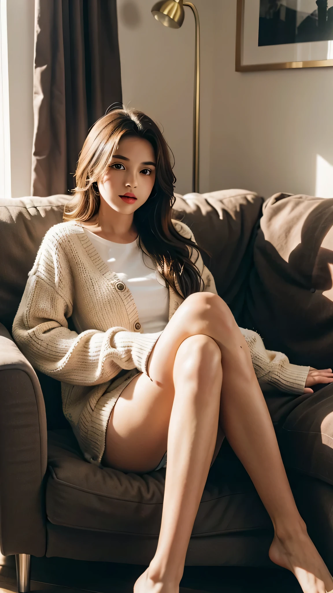 1girl,sitting on a cozy couch,crossing legs,soft light