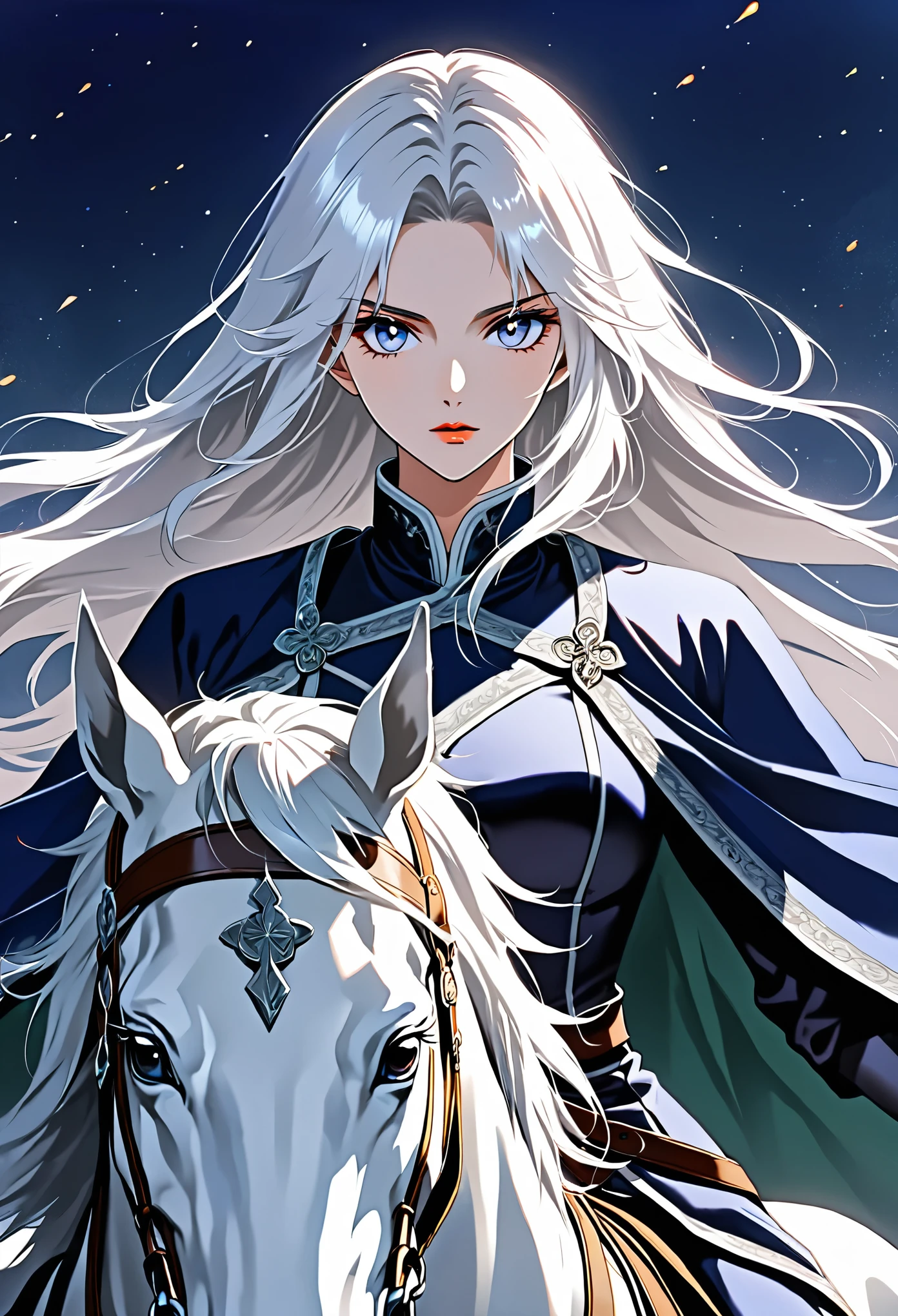Anime two-dimensional,simple,Female general riding a horse under the moonlight,beautiful face,white hair,Hand drawn long sword,Gaze at the viewer
