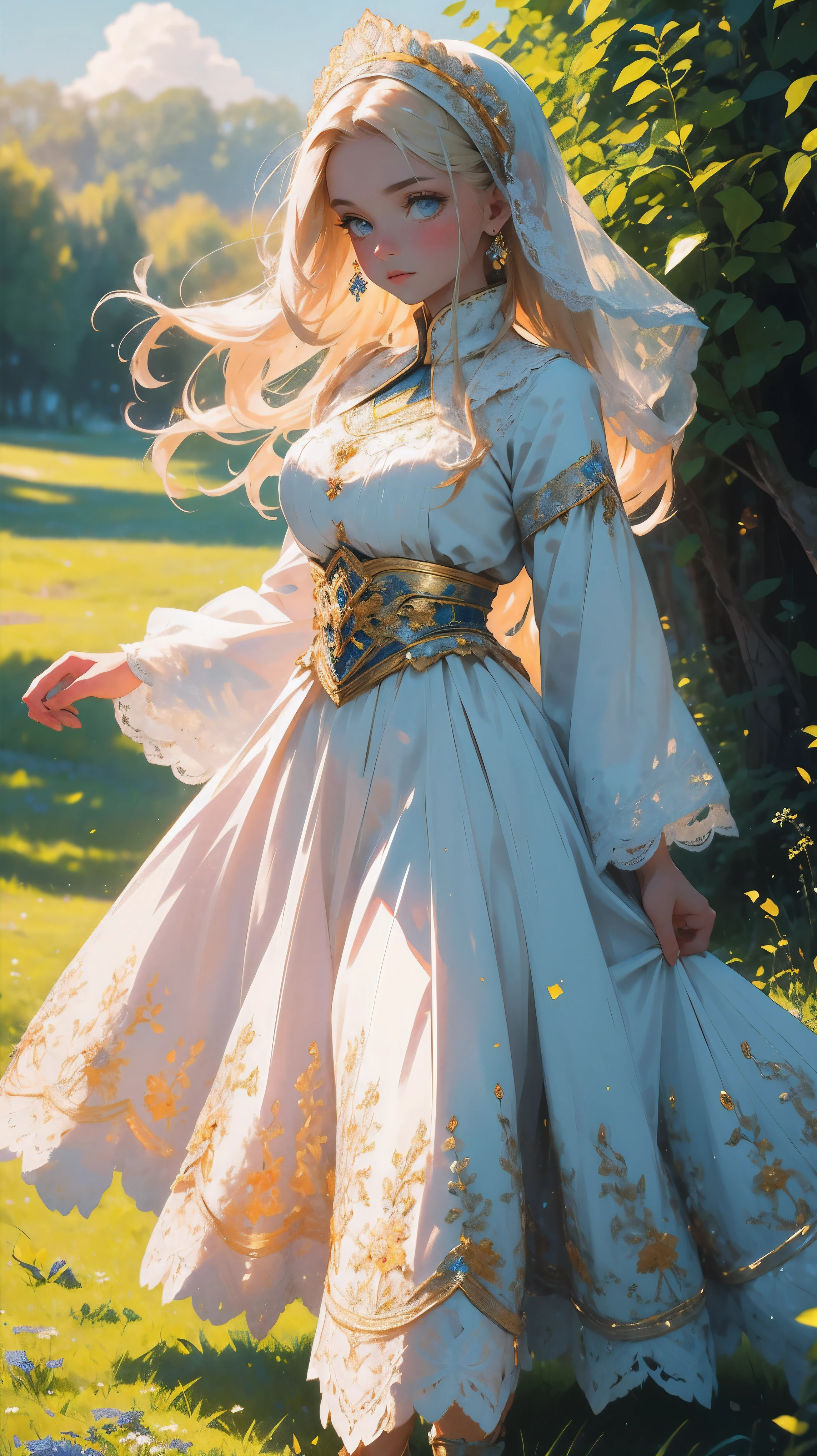 "(best quality, ultra-detailed), beautiful ukranian girl in traditional dress, detailed embroidery, vibrant colors, delicate lace patterns, intricate headdress, flowing skirt, proud stance, traditional accessories, idyllic countryside landscape, warm natural lighting, portrait, nostalgia, cultural heritage"
