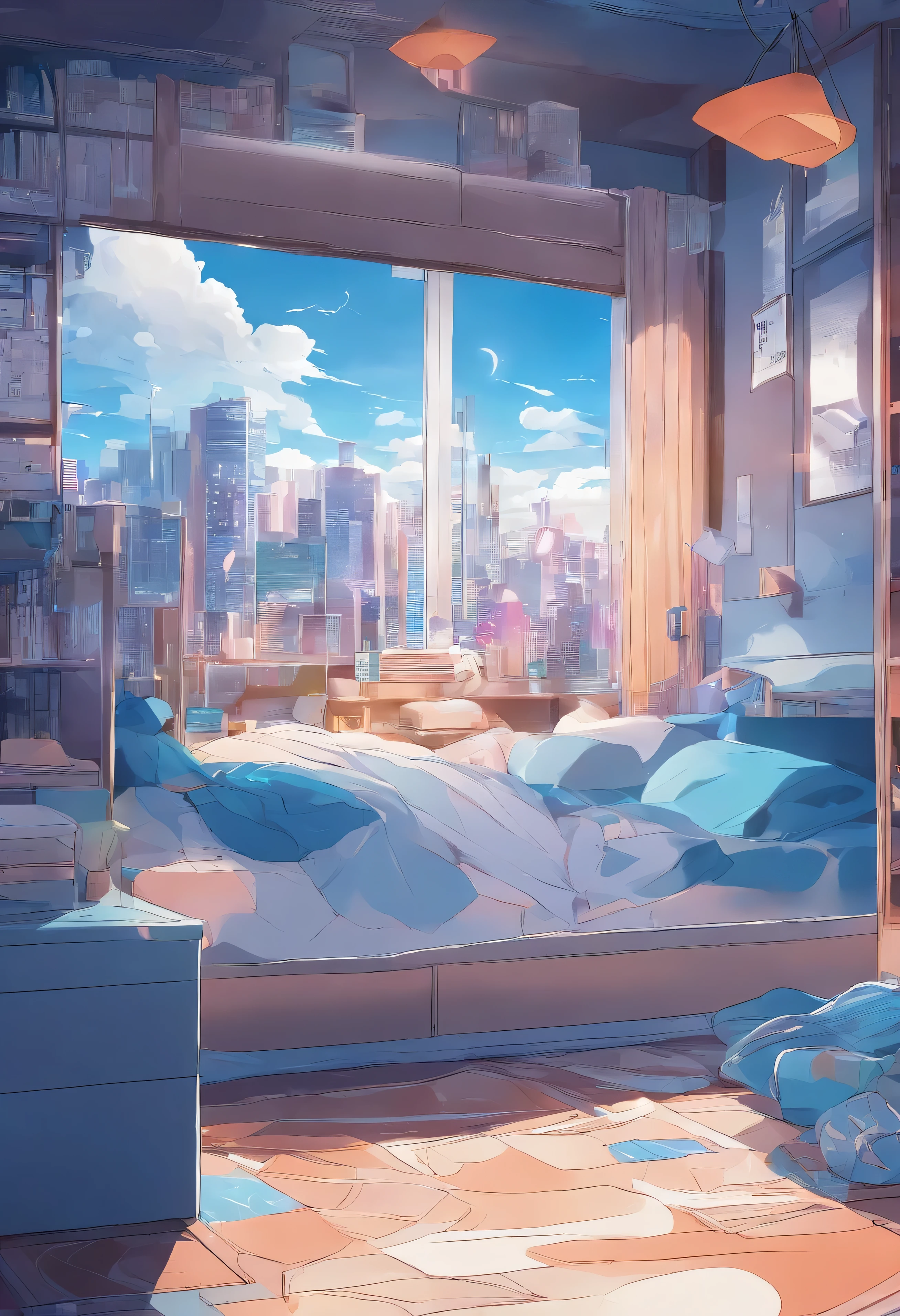 Anime background boy room blue ??? of the 90s, ring lighting, Cinematics, 8K, Fotorrealista, atmosphere