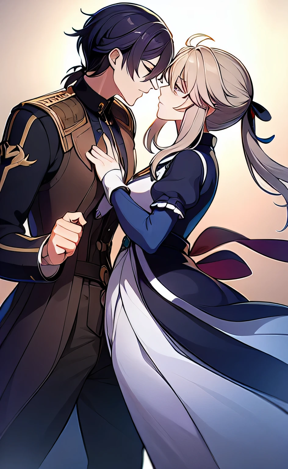1girl and 1boy (violet, Gilbert, from violet evergarden) (masterpiece, high quality) She has a slim build of medium height and fair skin; her face is a little narrow and elongated, with large blue eyes and thick dark lashes. The blonde hair ends on her hips, but in front of her face she has a fringe that ends in the middle of the eyebrows divided into three strands: one falls on her face and the remaining two blend into two longer strands that end on the shoulders. Her hair is described as "velvet" by Amy as she styled it for her. Often Violet ties them either in a low ponytail tied with a black ribbon, or, when she works as an Auto Memory Doll, in two French braids which she subsequently wraps on themselves and she ties with two red ribbons. Because she lost her arms during the last battle of the war, she was given adamantine silver prostheses, described by herself as "clumsy, but sturdy". On normal days, Violet wears a white shirt with a collar that ends at a quarter of the neck and sleeves that get wider but narrow at the cuffs; a leafy green skirt that starts just above her hips with a short fitted sash, and ends at the bottom of her knees; some dark gray tights and a pair of worn warm brown ankle boots. Gilbert is a man with a tall stature, thin waist, broad shoulders with emerald-green eyes and Dark blue hair, which are common traits for men of the Bougainvillea family. He has a scar on his left cheek and one just above his left eye. He has short, slicked-back hair with several locks falling freely and framing his face. He looks very similar to his late father, as they are both considered attractive, but have a "stodgy look" to their face.[3] His uniform consists of a purplish-black outfit paired with burgundy linen shoulder pads and a decorative accordion-pleated cloth glistening around his hips and buttoned up to his neck. After surviving the war, Gilbert receives a maneuverable prosthetic arm made of metal. Both are stand on castle roof, visual anime.