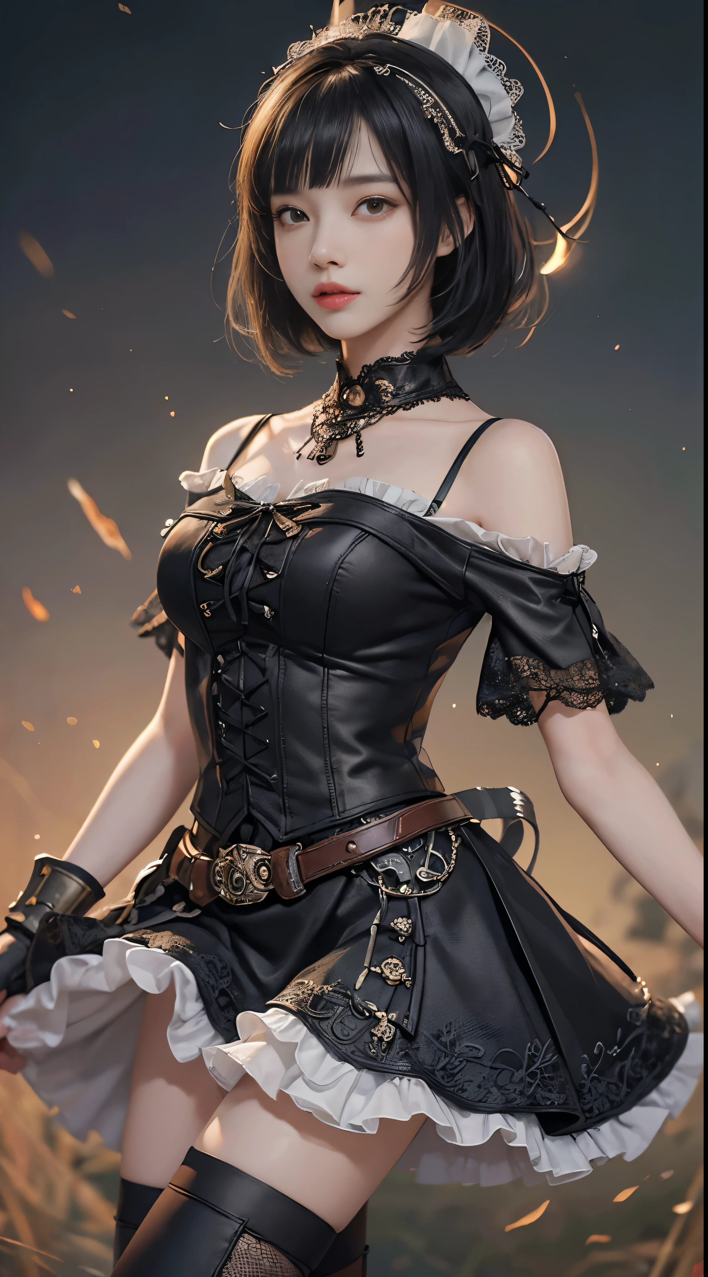 (((masterpiece, highest quality, Super detailed))), 1 female, (((very thin body))) , (((length, thin legs))), (((black short bob, thick fluffy bangs ))), (((highly detailed face))), No cosmetics, small and thin nose, thin mouth with small lips, (((Very sharp focused eyes))), Precise pale gray eyes with large slits, shine like a jewel, length eyelashes, ((Highly decorative intricate mechanical steampunk fashion, Lace Flare Mini Skirt, above the knee lace stockings, Lace Off Shoulder Lolita Fashion, Overly decorative fashion)), Abandoned Night, Complex mechanized steampunk factory catches fire and explodes, (((Overall accuracy has been dramatically improved, creating a Super detailed and realistic image))),  super realistic photos.