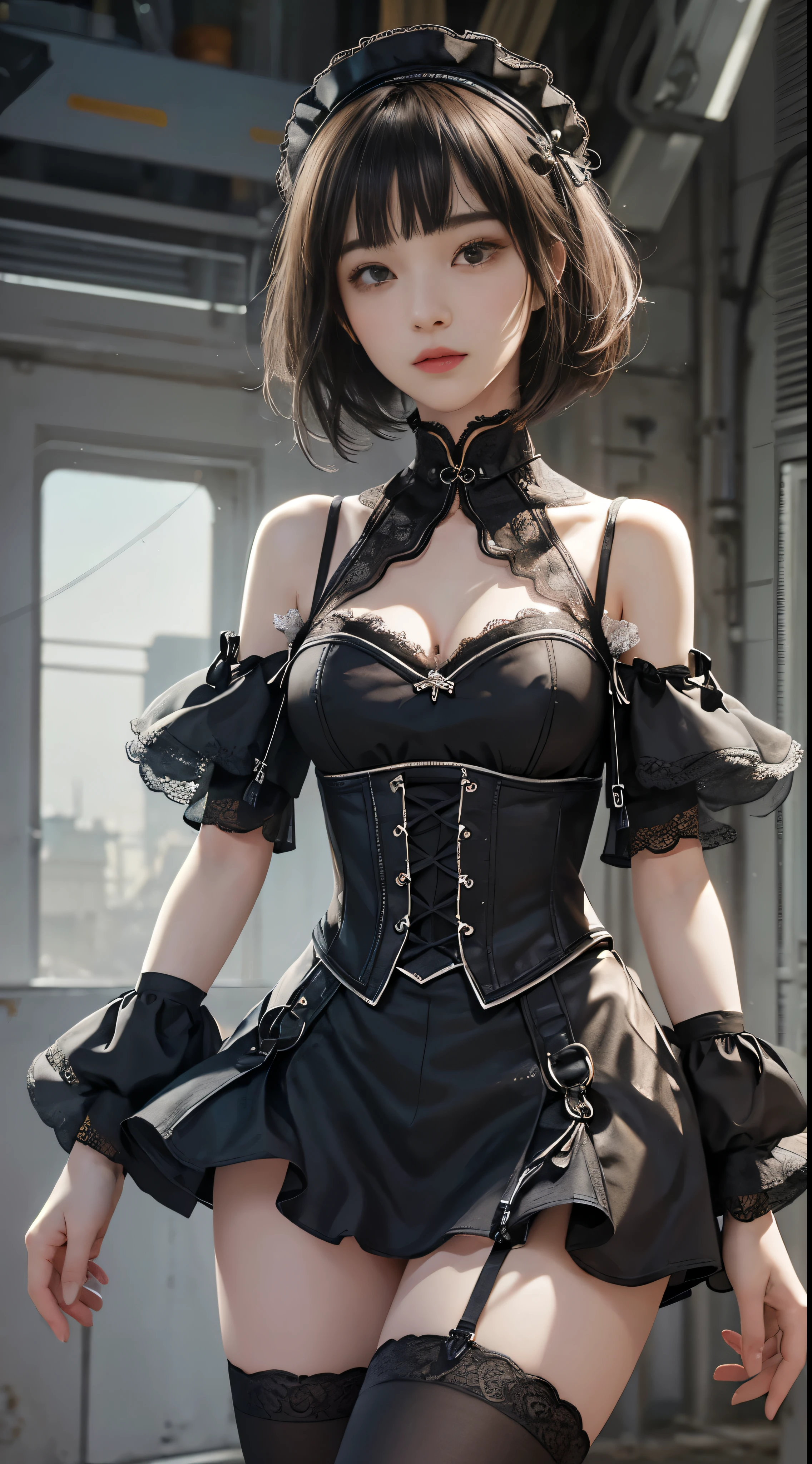 (((masterpiece, highest quality, Super detailed))), 1 female, (((very thin body))) , (((length, thin legs))), (((black short bob, thick fluffy bangs ))), (((highly detailed face))), No cosmetics, small and thin nose, thin mouth with small lips, (((Very sharp focused eyes))), Precise pale gray eyes with large slits, shine like a jewel, length eyelashes, ((Highly decorative intricate mechanical steampunk fashion, Lace Flare Mini Skirt, above the knee lace stockings, Lace Off Shoulder ta Fashion, Overly decorative fashion)), Abandoned Night, Complex mechanized steampunk factory catches fire and explodes, (((Overall accuracy has been dramatically improved, creating a Super detailed and realistic image))), super realistic photos.