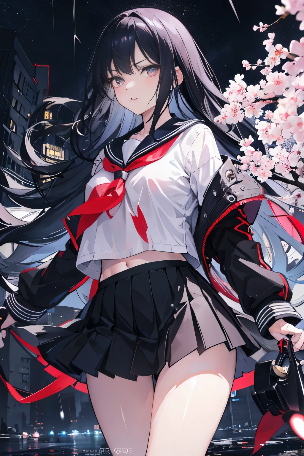 (High resolution,Super detailed,realistic),
Night city girl, with long black hair, Wearing a sailor suit and carrying a weapon, stare at the camera. While cherry blossoms are falling、rain falls around her. her eyes shine with hatred and determination. The scene is filled with a dark atmosphere, urban atmosphere. Lighting casts dramatic shadows and highlights, illuminate the girl、emphasize her fierce expression. The artwork is rendered in a photorealistic style, Capture every intricate detail of a girl&#39;s features, clothing, and the surrounding environment. The colors are vivid, Mainly uses a cool color palette to enhance the atmosphere of the night city. Raindrops sparkle and flow down, Add dynamic and immersive elements to your images. Composition and framing with the girl at the center, Show her strength and defiance amidst the chaos of the night city.（（Hallucination is not allowed））