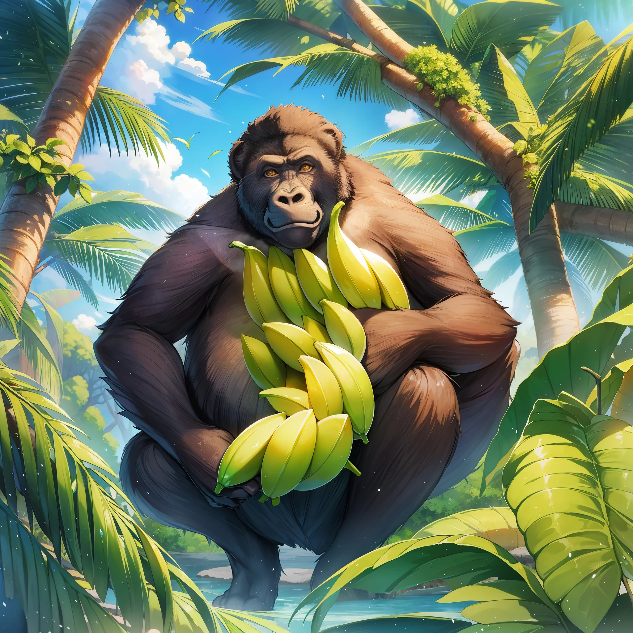 deep in africa、There is a paradise where bananas grow endlessly.。in this mysterious place、Giant gorillas hanging from branches、Enjoying the abundance of bananas to your heart&#39;s content。green々In the thick jungle、They pick bananas with their strong hands、Enjoy each one slowly.。Its appearance is exactly the workings of nature.、There is an all-you-can-eat feast going on between them.。 Gorillas have calm expressions、The way you bring a banana to your mouth is like art.。their strong bodies、While clinging tightly to the branch、美味しいlooking for banana。In this paradise、Time is passing slowly、gorillas day々I&#39;m spending a relaxing time。 Also、In this place, not only gorillaany animals share the bounty of bananas。There are also chimpanzees and birds.、Sometimes elephants and giraffes come too.、looking for banana。each coexist in nature、Building a balanced ecosystem。 This paradise is truly a place full of natural blessings.、The sight of unlimited bananas is like a dream.。Those who visit、Experience the beauty and richness of nature、You will be refreshed both physically and mentally.。
