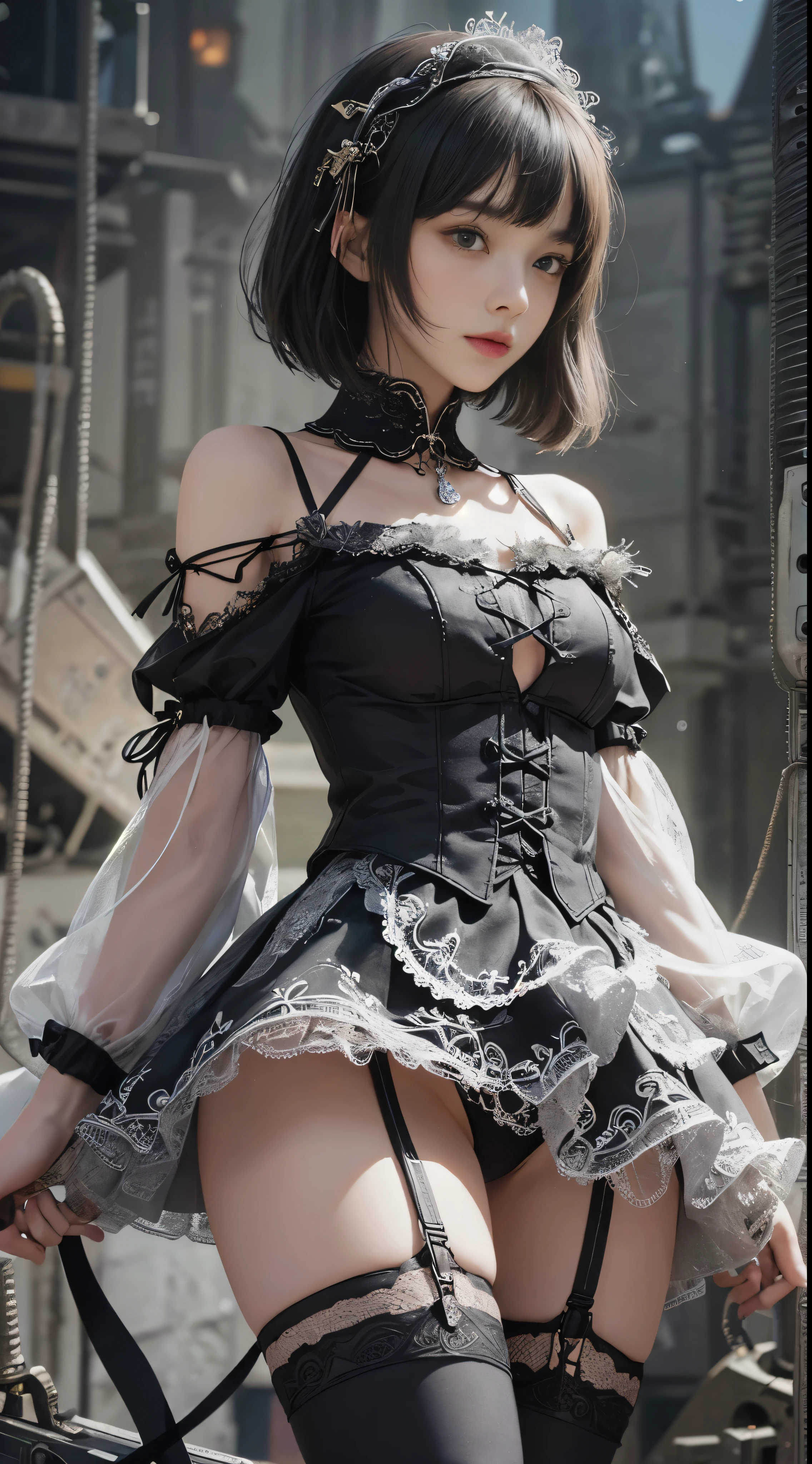 (((masterpiece, highest quality, Super detailed))), 1 female, (((very thin body))) , (((length, thin legs))), (((black short bob, thick fluffy bangs ))), (((highly detailed face))), No cosmetics, small and thin nose, thin mouth with small lips, (((Very sharp focused eyes))), Precise pale gray eyes with large slits, shine like a jewel, length eyelashes, ((Highly decorative intricate mechanical steampunk fashion, Lace Flare Mini Skirt, above the knee lace stockings, Lace Off Shoulder ta Fashion, Overly decorative fashion)), Abandoned Night, Complex mechanized steampunk factory catches fire and explodes, (((Overall accuracy has been dramatically improved, creating a Super detailed and realistic image))), super realistic photos.
