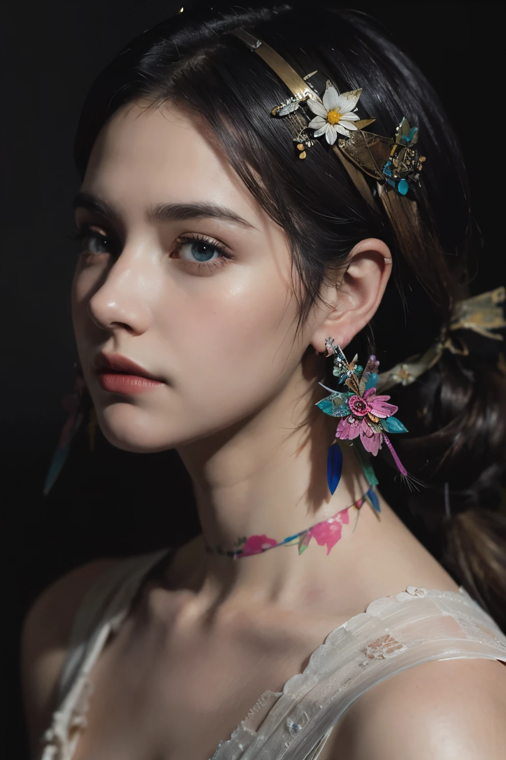 Charlie Bowater realistic Lithography sketch portrait of a woman, wearing tiny earrings that look like origami paper birds,  flowers, [gears], pipes, dieselpunk, multi-colored ribbons, old paper texture, highly detailed, peaceful and beautiful, final fantasy XV 