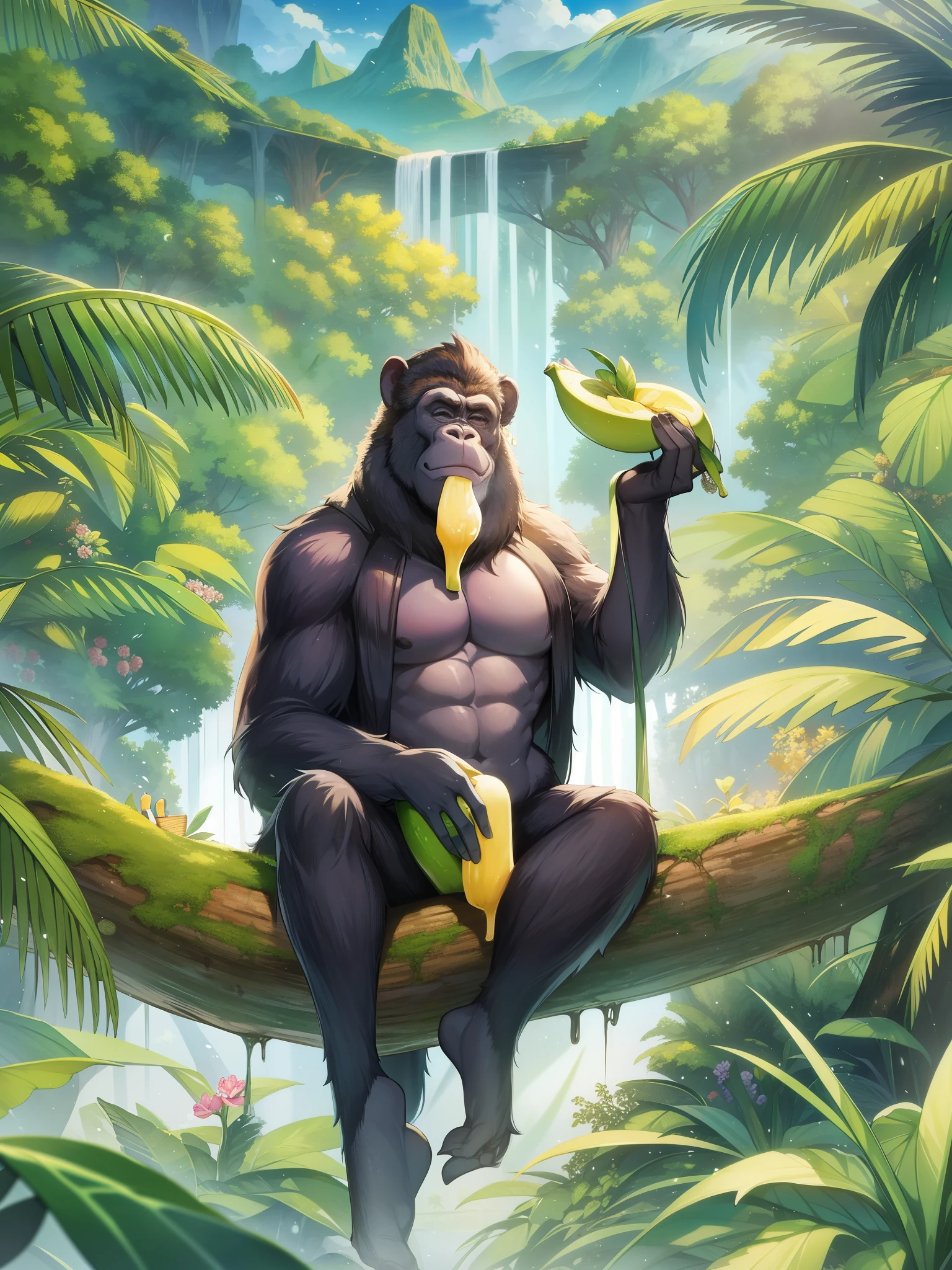 deep in africa、There is a paradise where bananas grow endlessly.。in this mysterious place、Giant gorillas hanging from branches、Enjoying the abundance of bananas to your heart's content。green々In the thick jungle、They pick bananas with their strong hands、Enjoy each one slowly.。Its appearance is exactly the workings of nature.、There is an all-you-can-eat feast going on between them.。 Gorillas have calm expressions、The way you bring a banana to your mouth is like art.。their strong bodies、While clinging tightly to the branch、美味しいlooking for banana。In this paradise、Time is passing slowly、gorillas day々I'm spending a relaxing time。 Also、In this place, not only gorillaany animals share the bounty of bananas。There are also chimpanzees and birds.、Sometimes elephants and giraffes come too.、looking for banana。each coexist in nature、Building a balanced ecosystem。 This paradise is truly a place full of natural blessings.、The sight of unlimited bananas is like a dream.。Those who visit、Experience the beauty and richness of nature、You will be refreshed both physically and mentally.。