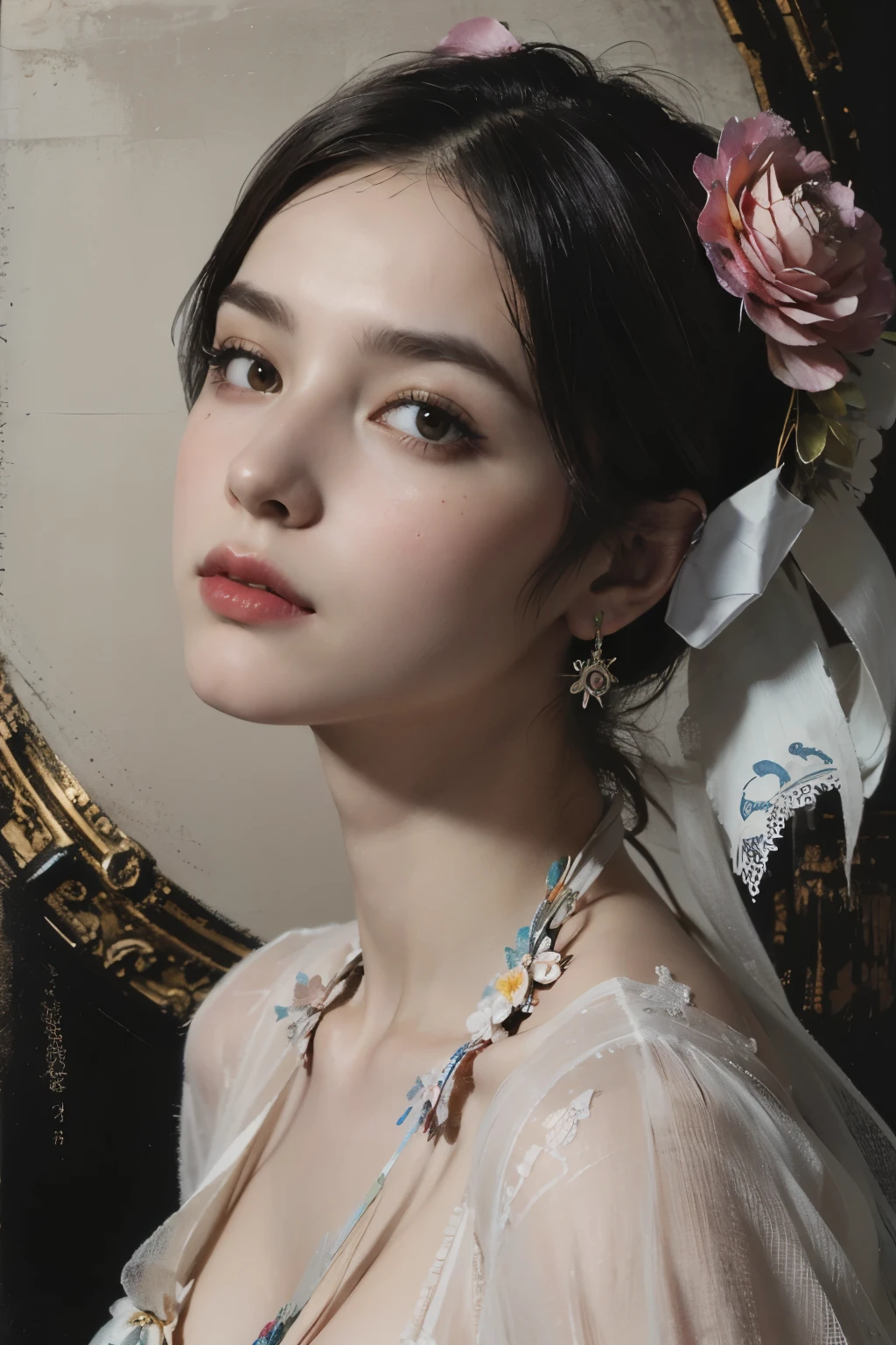 Charlie Bowater realistic Lithography sketch portrait of a woman, wearing tiny earrings that look like origami paper birds,  flowers, [gears], pipes, dieselpunk, multi-colored ribbons, old paper texture, highly detailed, peaceful and beautiful, final fantasy XV 