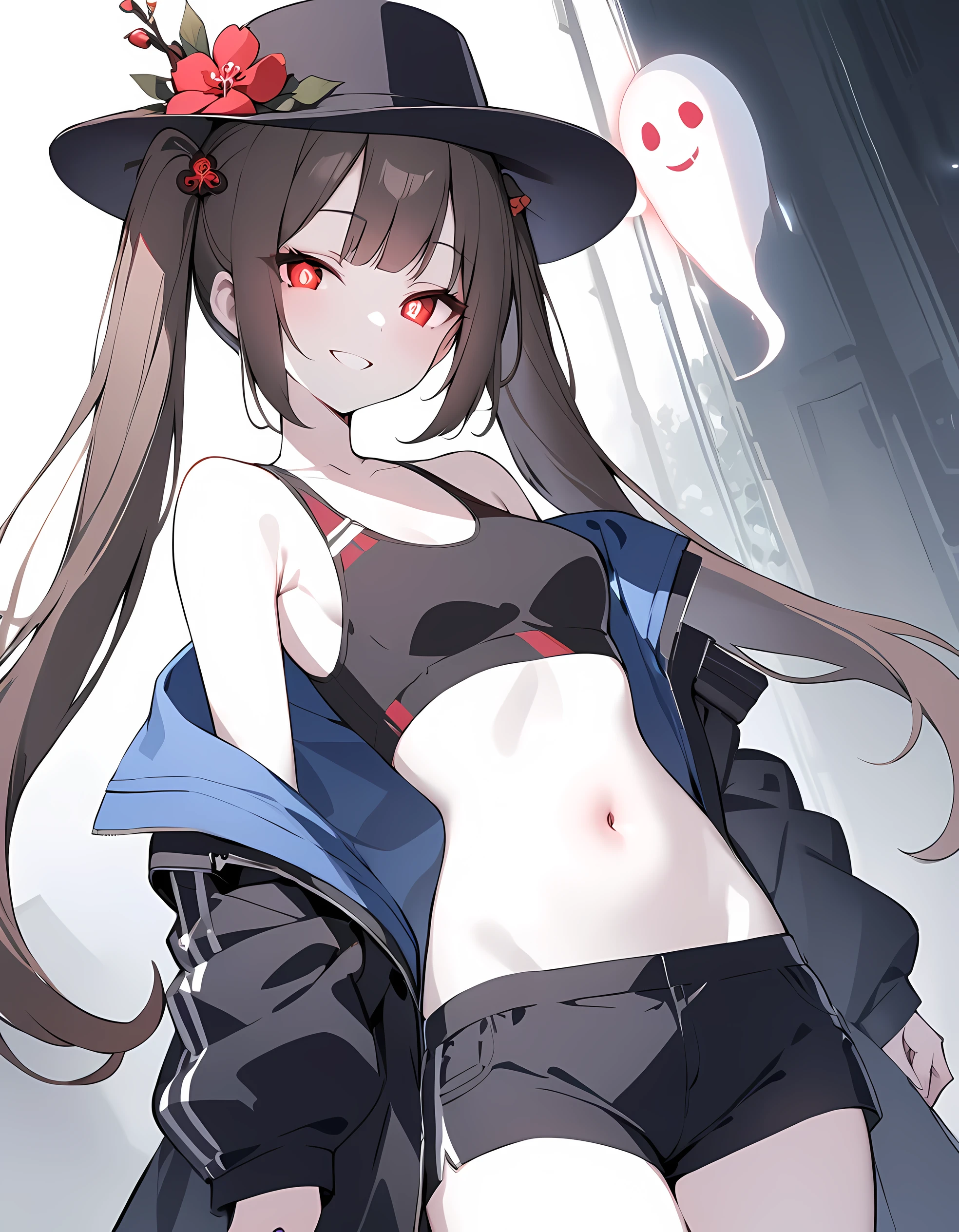 detailed, (masterpiece:1.2), (pale_skin:1.2), (solo:1.2), (female), slender, (glowing_eyes), (bright_eyes), long hair, smile, bangs, brown hair, shirt, red eyes, hat, navel, bare shoulders, twintails, very long hair, jacket, flower, multicolored hair, cowboy shot, open clothes, shorts, sleeveless, midriff, pants, off shoulder, stomach, grin, open jacket, black jacket, crop top, symbol-shaped pupils, sleeveless shirt, black headwear, red flower, ghost, sports bra, hat flower, flower-shaped pupils, plum blossoms