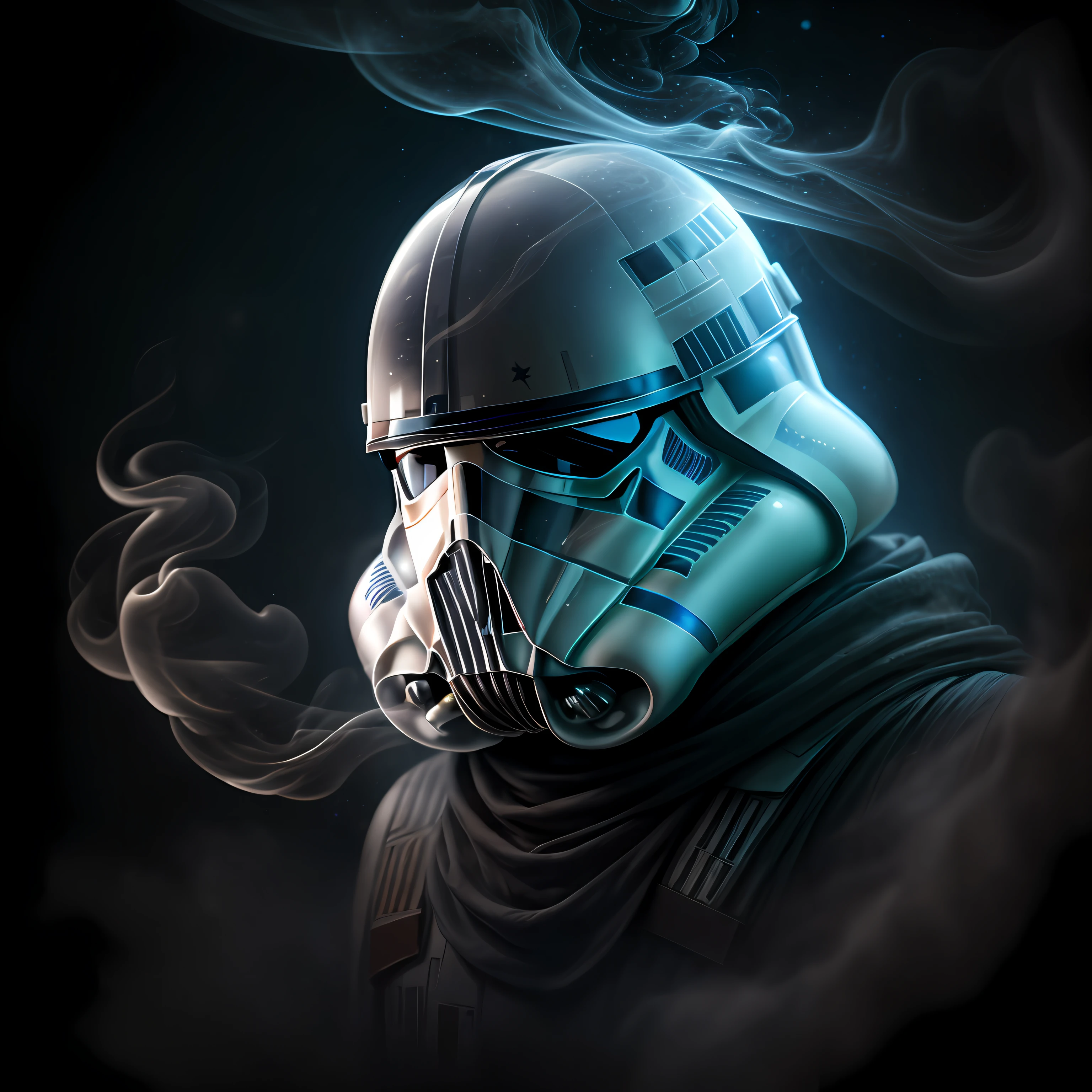 close up, Black Star Wars Stormtrooper, Ghost, Dark, gotik, 3d, Ultra Detailed, blue transparent smoke around, realistic style, Old Night Pond, full - body,