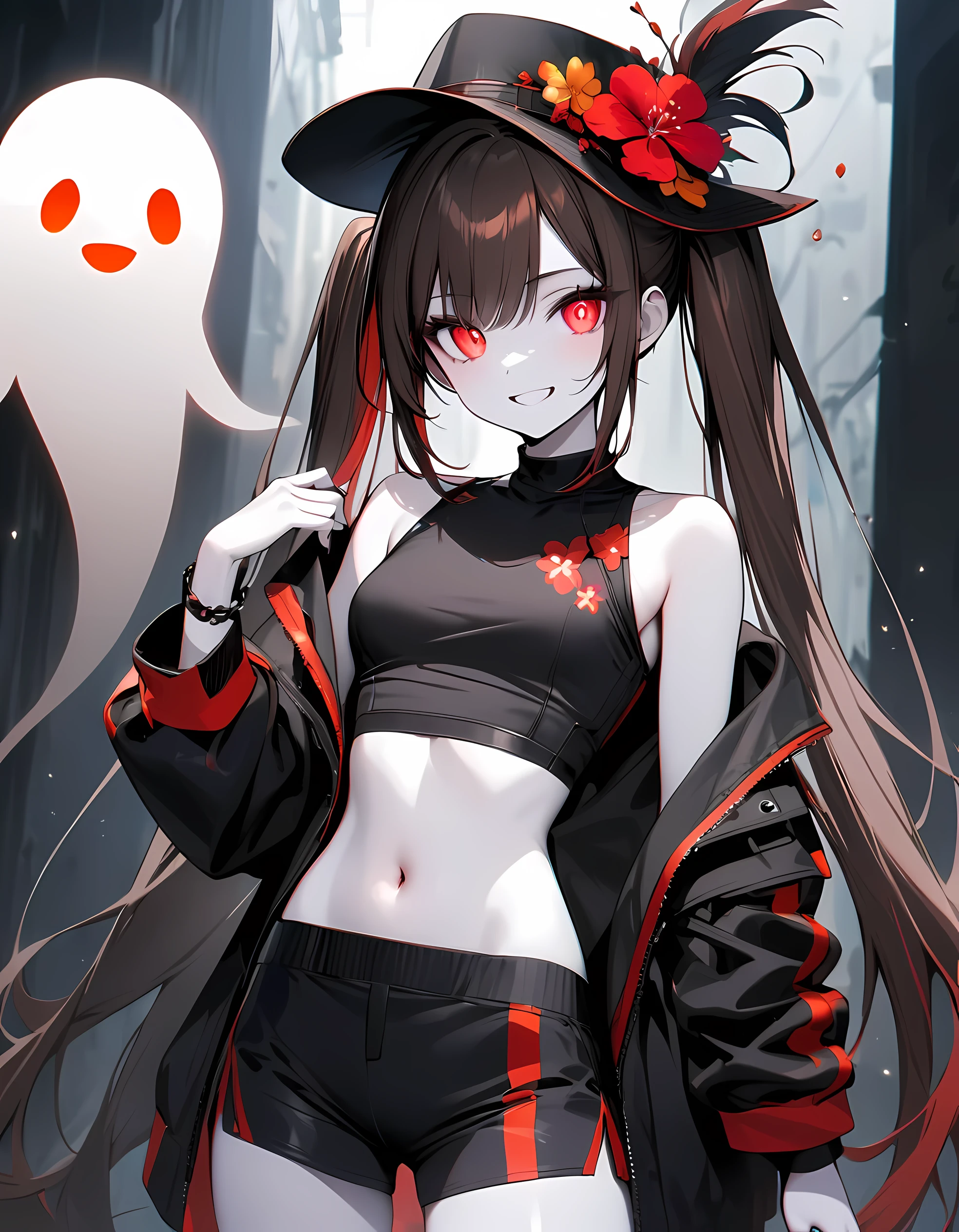 detailed, (masterpiece:1.2), (pale_skin:1.2), (solo:1.2), (female), slender, (glowing_eyes), (bright_eyes), long hair, smile, bangs, brown hair, shirt, red eyes, hat, navel, bare shoulders, twintails, very long hair, jacket, flower, multicolored hair, cowboy shot, open clothes, shorts, sleeveless, midriff, pants, off shoulder, stomach, grin, open jacket, black jacket, crop top, symbol-shaped pupils, sleeveless shirt, black headwear, red flower, ghost, sports bra, hat flower, flower-shaped pupils, plum blossoms