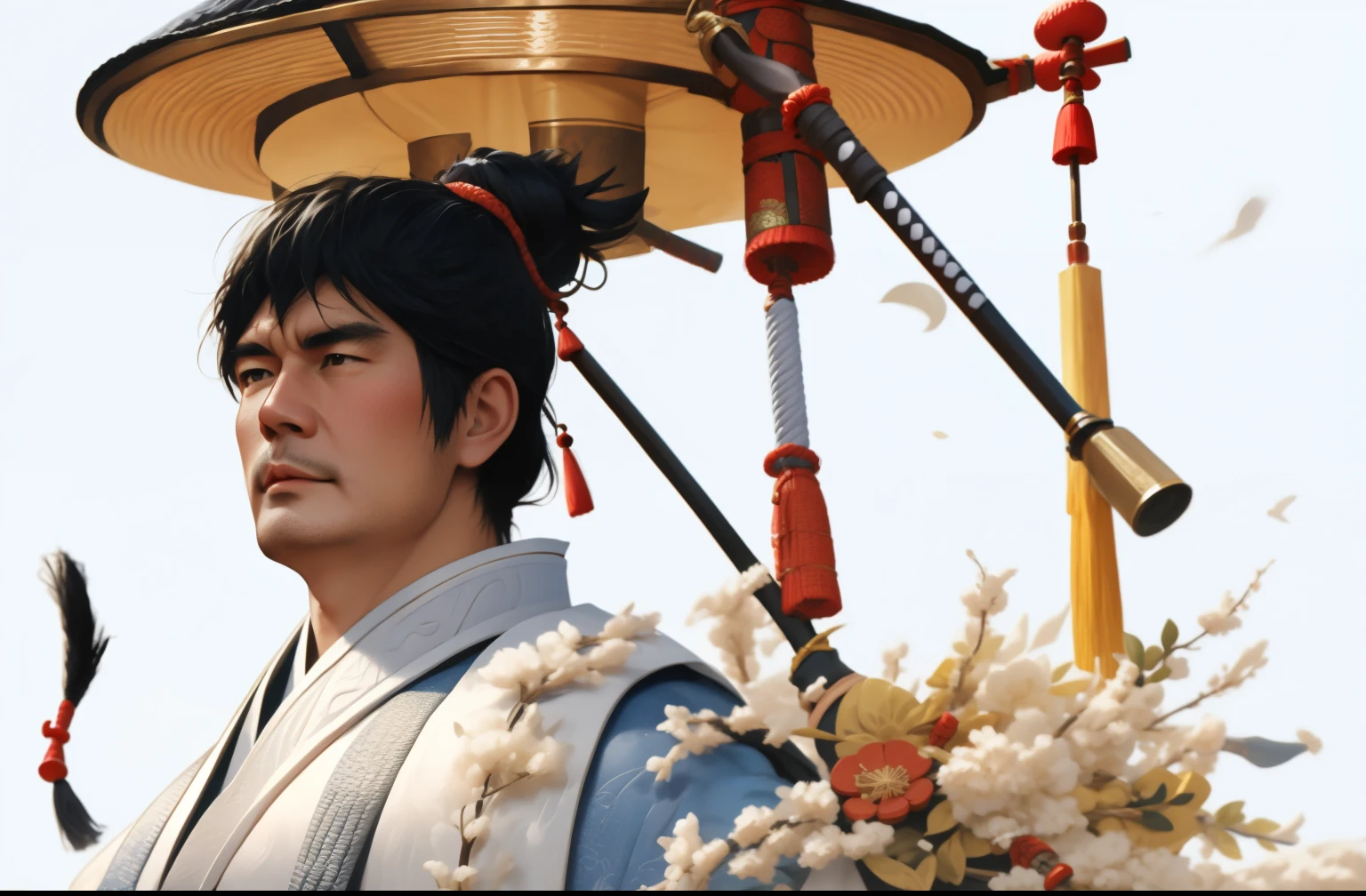 一个戴帽子的男人和船上的帽子的close up, [ close up ]!!, zhao yun, Takehiko Inoue, Jeremy, Dressed in old samurai, Inspired by Yoshihiko Wada, feng shu, Michael, Handsome, wearing chinese clothes, Tanaka Ryu no HD, strict, shirow masamune