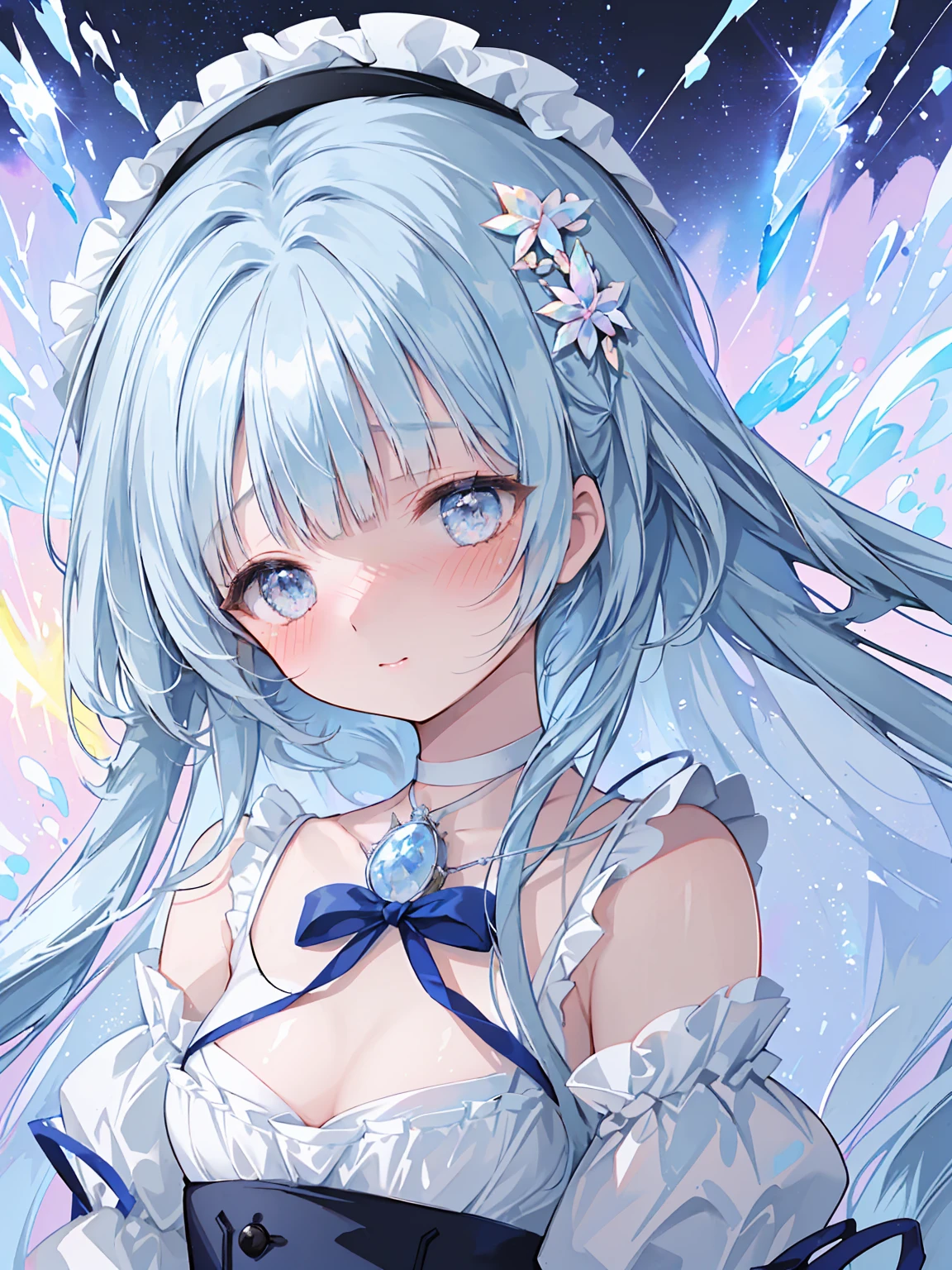 masterpiece, best quality, extremely detailed, (illustration, official art:1.1), 1 girl ,(((( light blue long hair)))), light blue hair, ,10 years old, long hair ((blush)) , cute face, big eyes, masterpiece, best quality,(((((a very delicate and beautiful girl))))),Amazing,beautiful detailed eyes,blunt bangs((((little delicate girl)))),tareme(true beautiful:1.2), sense of depth,dynamic angle,affectionate smile, (true beautiful:1.2),,(tiny 1girl model:1.2),(flat chest)), 
Soft Focus , (Bright gradient watercolor :1.5, Lens Flare:1.5 , Glitter :1.5), Glow , Dreamy Grid illusion, Colorful, girl、((extremely detailed eye:1.5)),ace Zoom:1.5,,1girl, solo, masterpiece, anime, cleavage, digital art, landscape of a Beautiful Neverland, at Nighttime, Illustration, Moonlit, Selective focus, Monochromatic dark rainbow filter, Unsplash